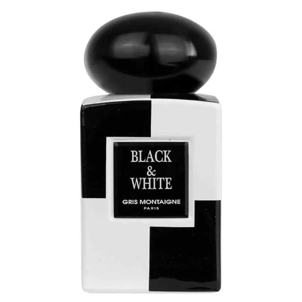 Schwarz-weiß karierter Flakon mit schwarzem Verschluss. Aufschrift BLACK & WHITE und Gris Montaigne Paris.