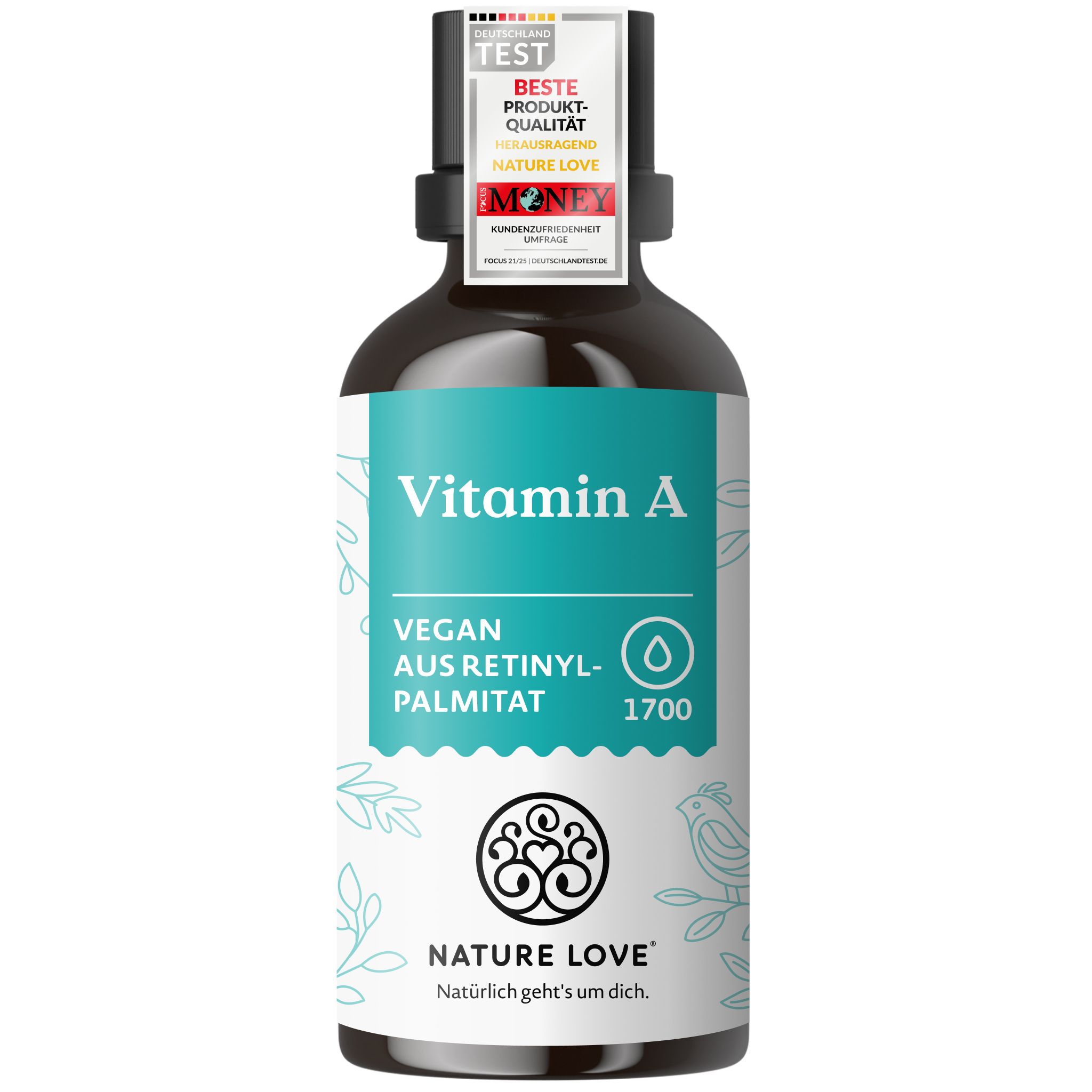Flasche mit Vitamin A Tropfen, "Vegan aus Retinyl-Palmitat", "Beste Produkt-Qualität" Siegel.