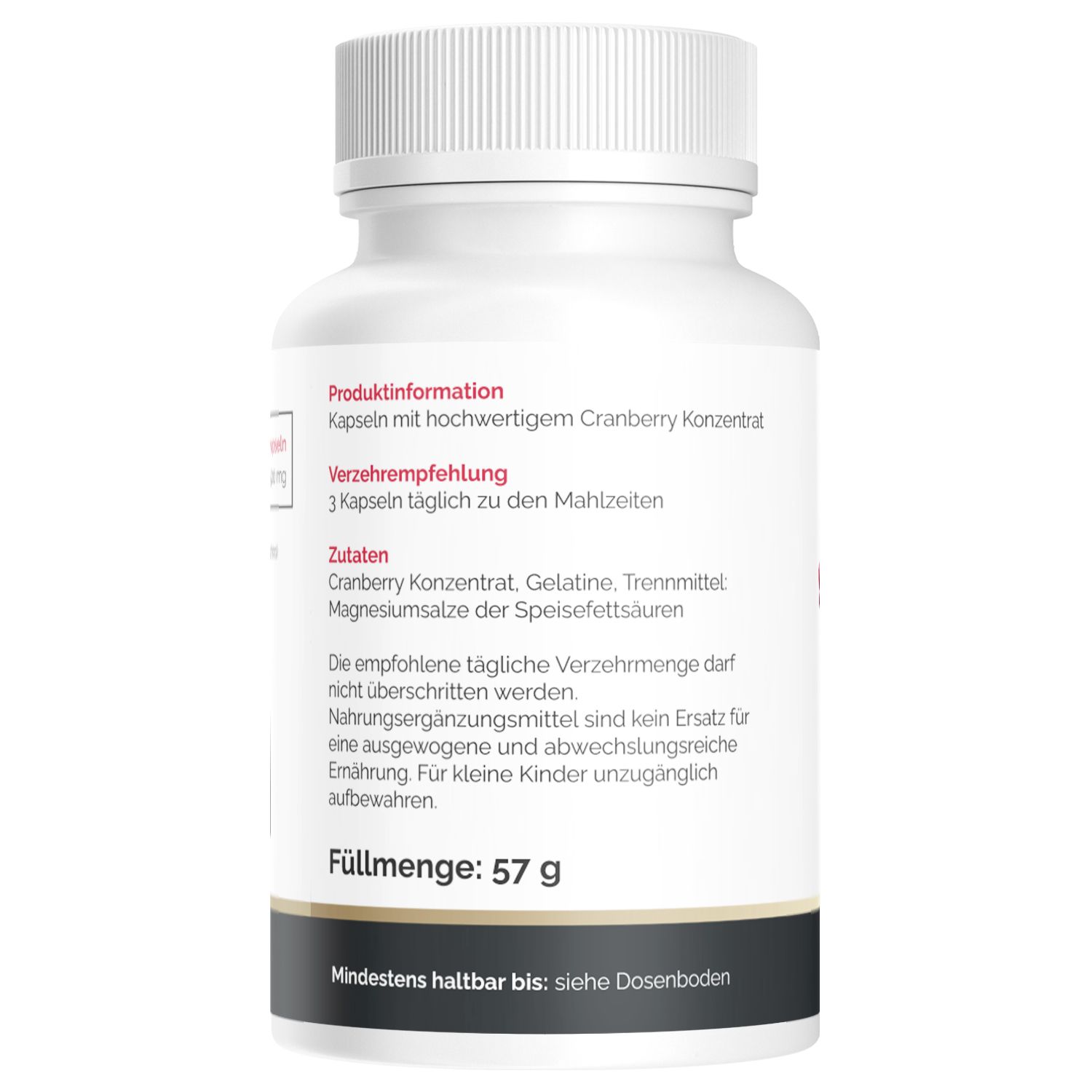 Rückseite einer weißen Flasche. Text: Produktinformation, Zutaten, Verzehrempfehlung. Füllmenge: 57 g.