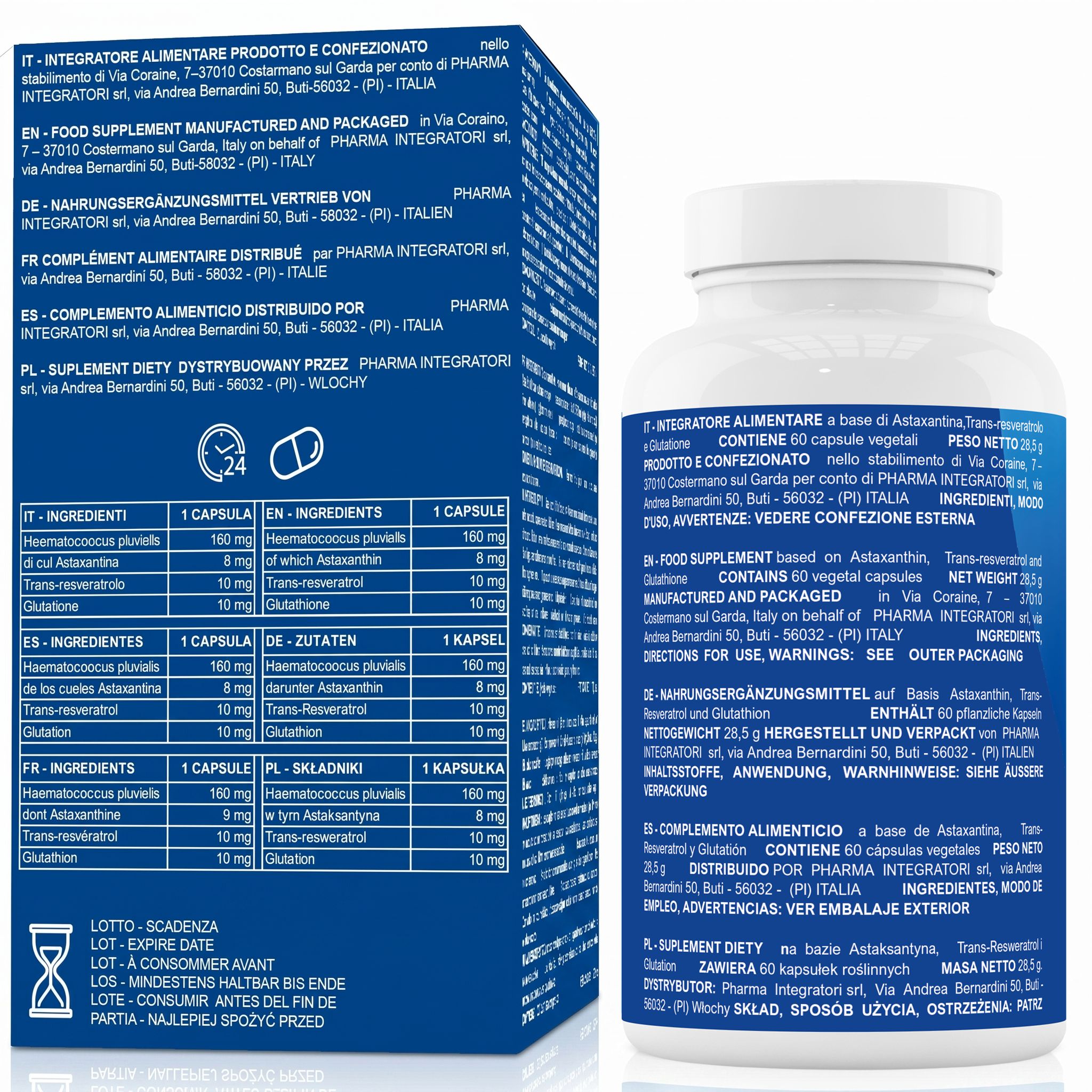 Rückseite der Astaxanthin-Verpackung mit Inhaltsstoffen und Dosierung in mehreren Sprachen.