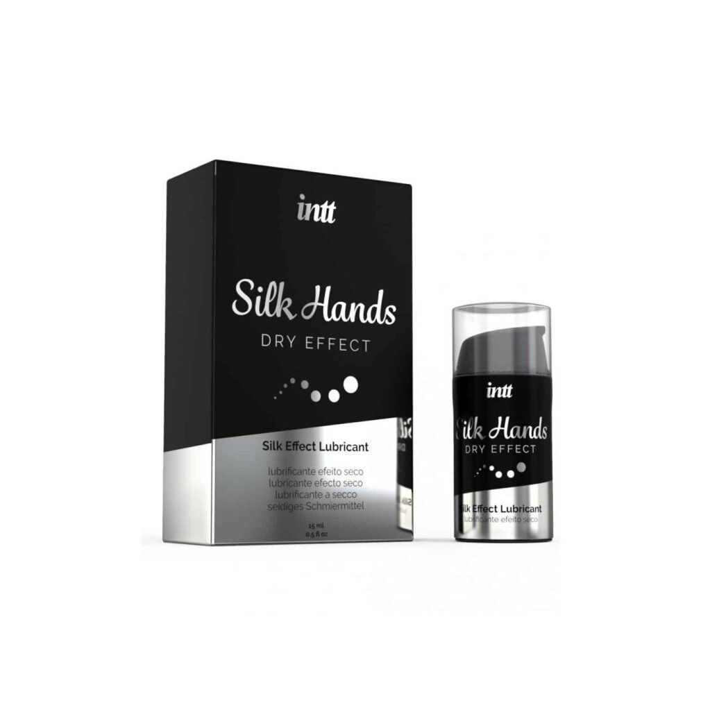 Produktverpackung und Flasche. Verpackung: schwarz, silber. Aufschrift: intt, Silk Hands, DRY EFFECT, Silk Effect Lubricant.
