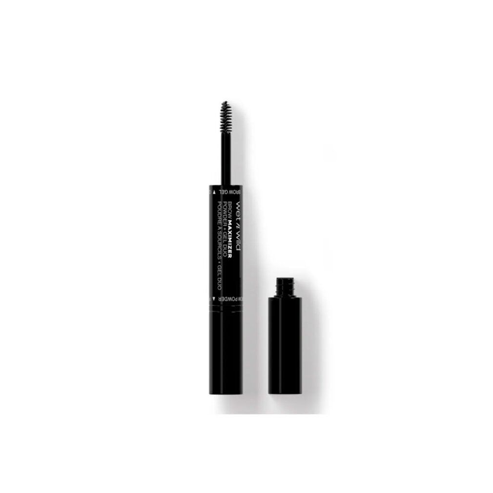 Schwarzer Stift, Deckel daneben. Text: WET N WILD BROW MAXIMIZER POWDER & SOURCILS GEL DUO. Bürste sichtbar.