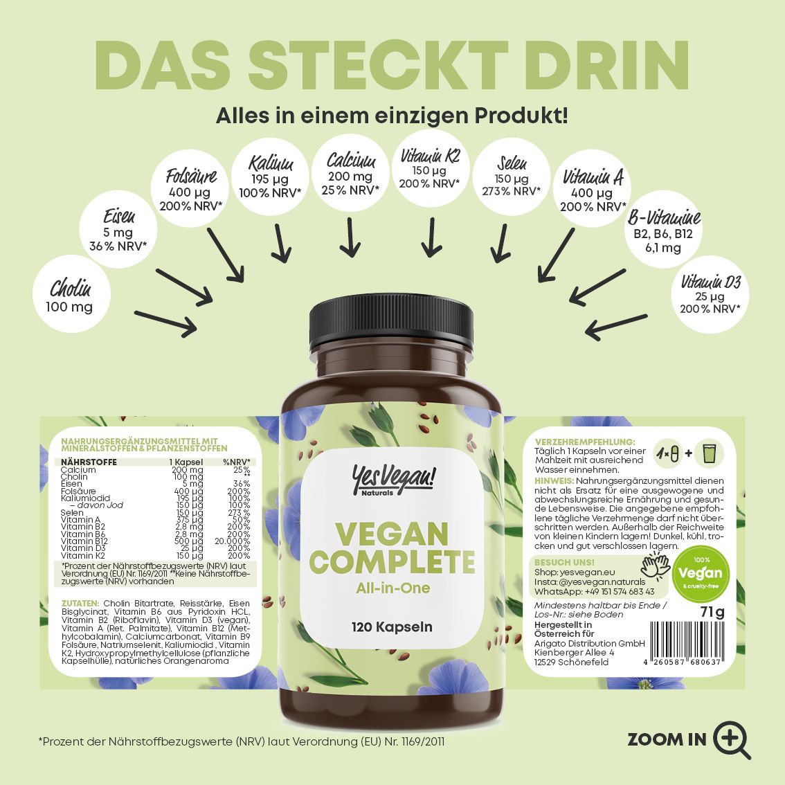 Braune Flasche mit Kapseln. Aufschrift: Yes Vegan! Vegan Complete All-in-One. Enthält 120 Kapseln. Nährwertangaben und Inhaltsstoffe.