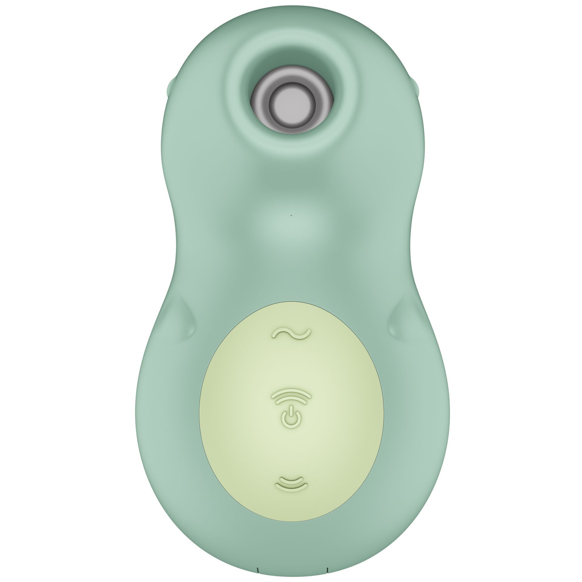 Vorderseite eines grünen Dinosaurier-Vibrators mit Bedienfeld.