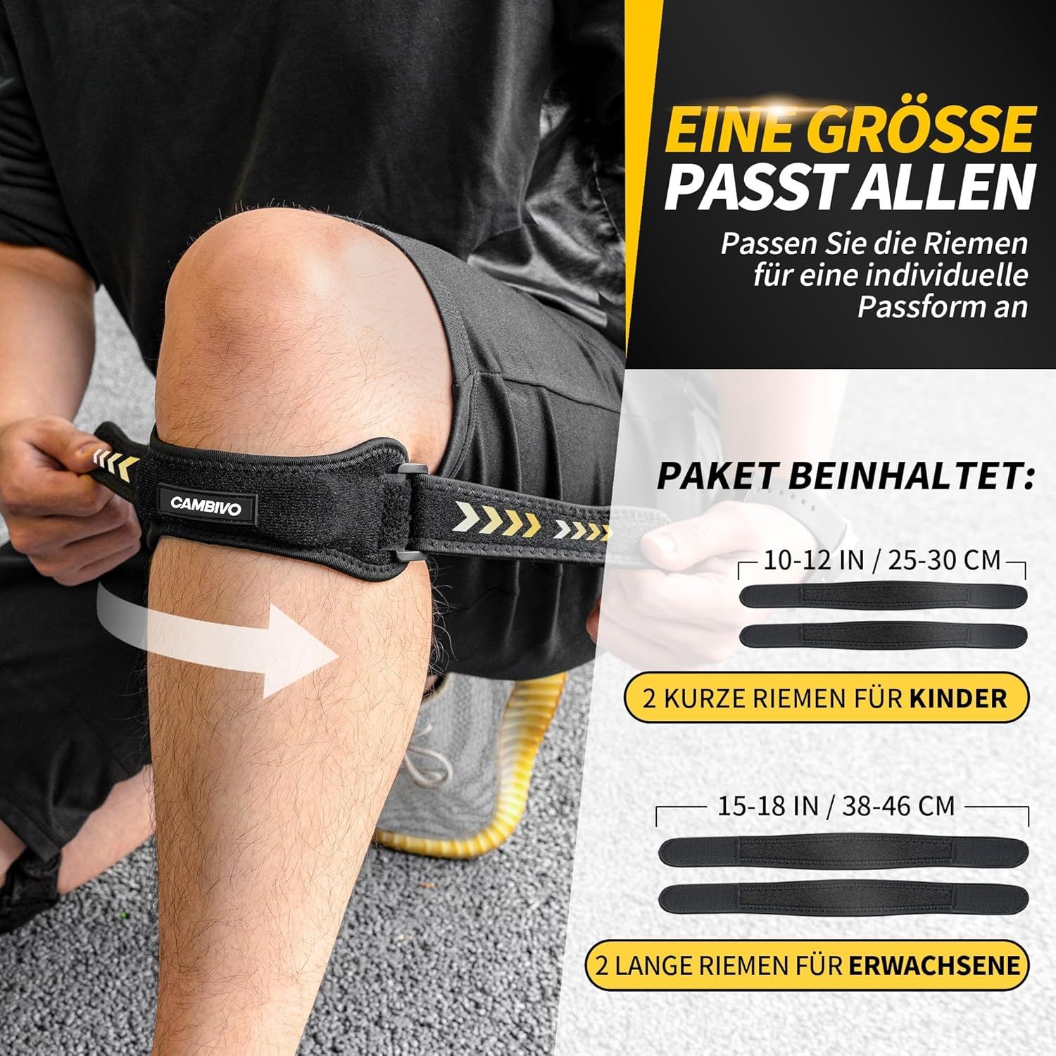 Kniebandage mit Klettverschluss, die an einem Bein angelegt wird.