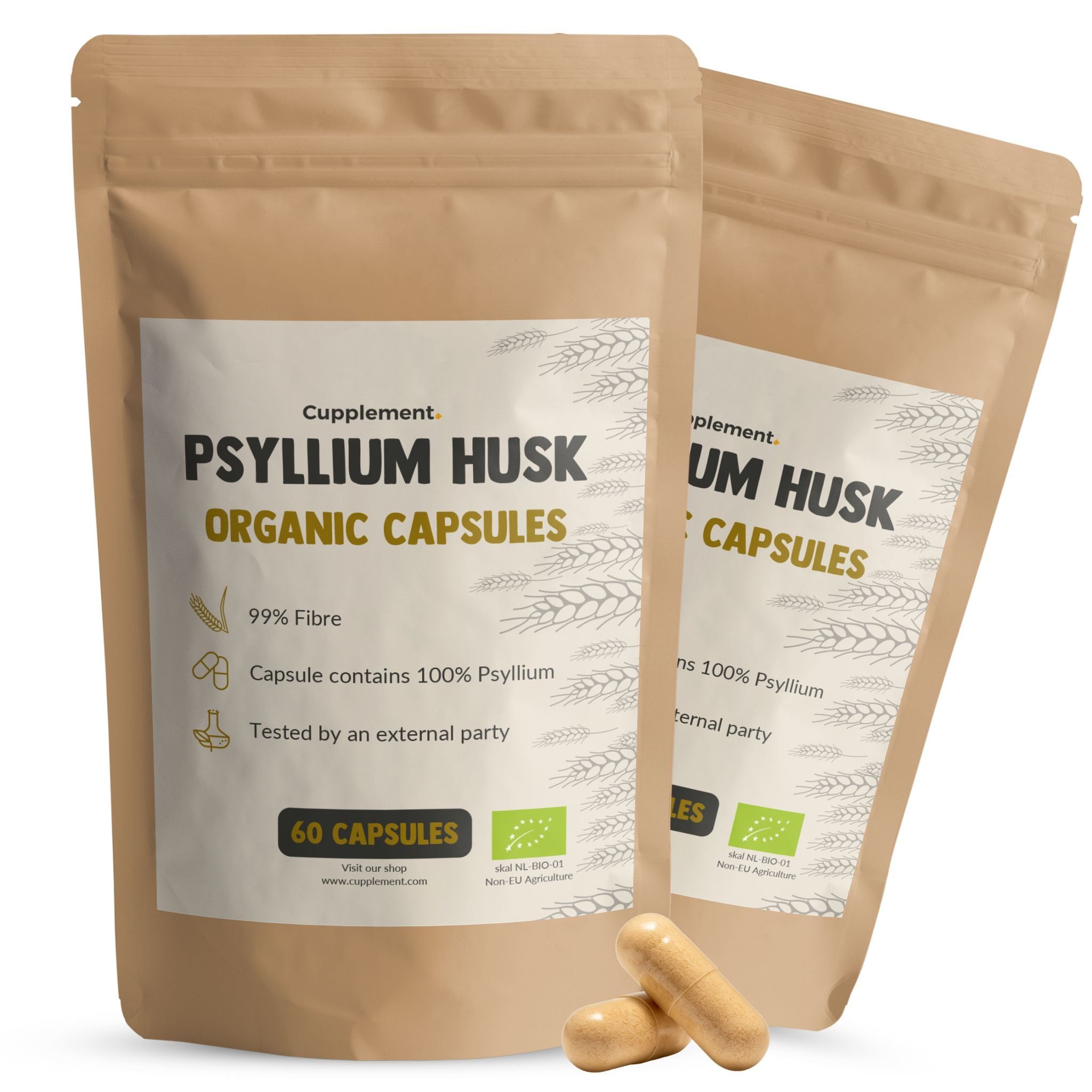 Zwei Beutel mit Cupplement - BIO Flohsamenschalen Kapseln. Aufschrift: PSYLLIUM HUSK ORGANIC CAPSULES. 60 Kapseln.
