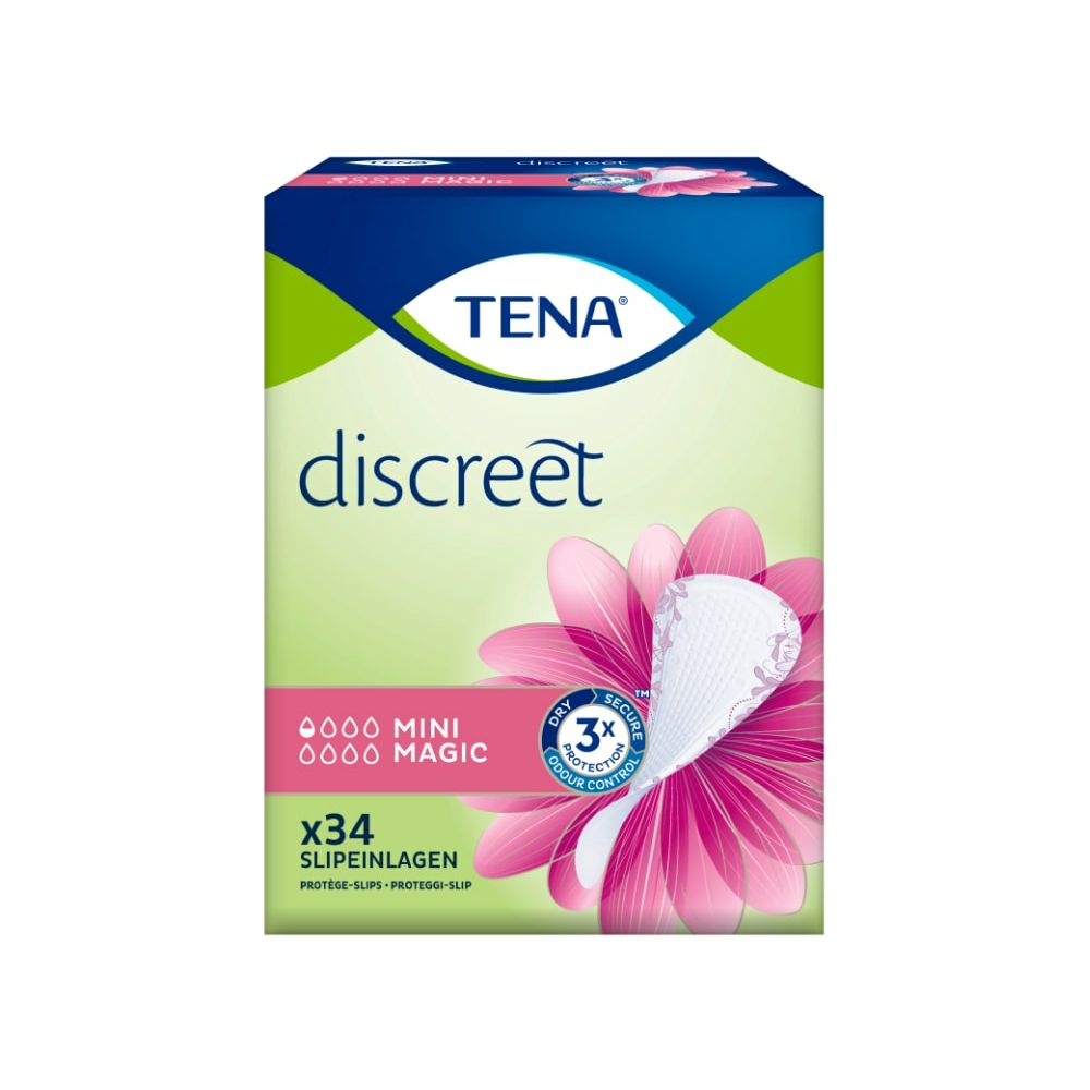 Verpackung von TENA Discreet Slipeinlagen Mini Magic. Rosa Blüte, Produktname und x34 Stück.