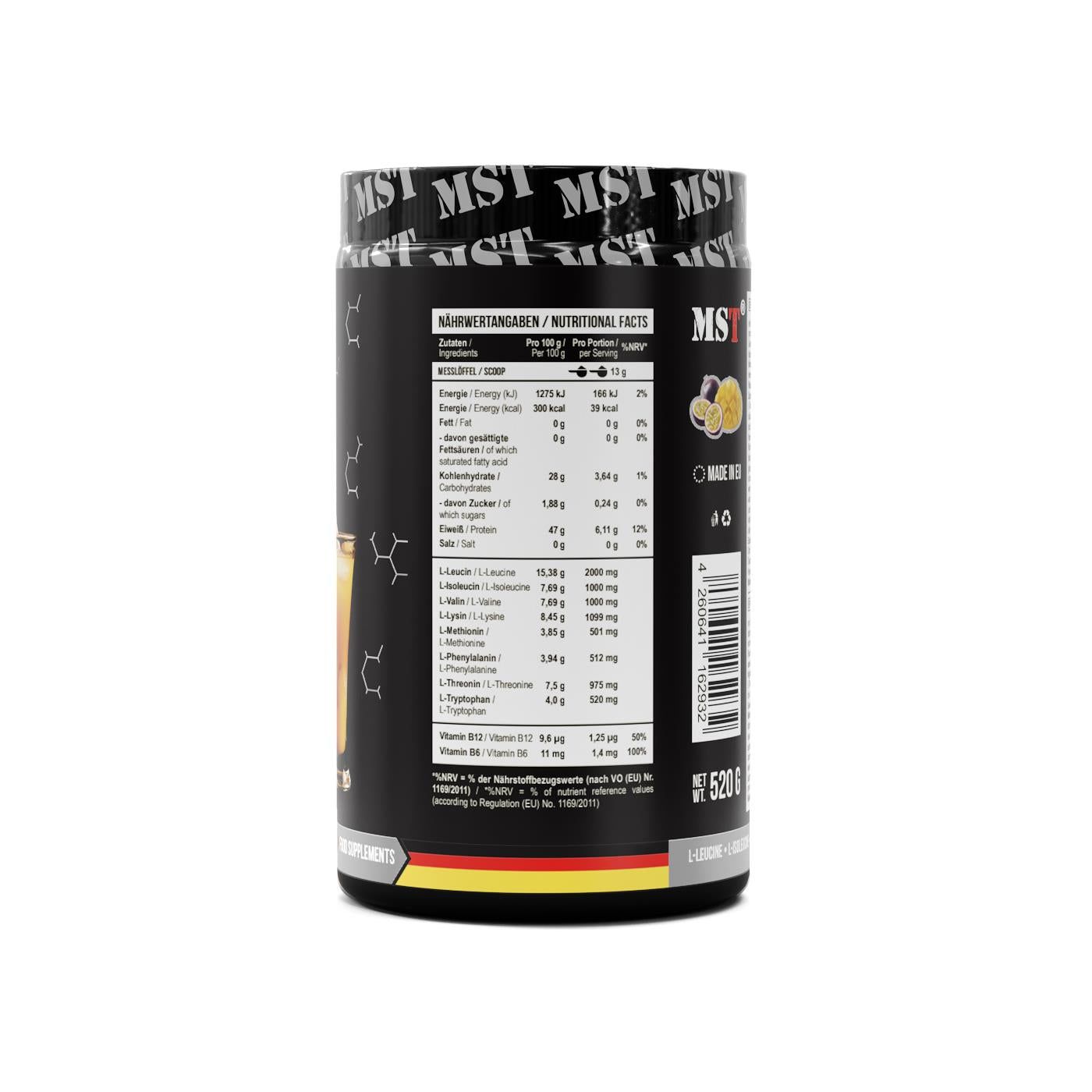 Schwarzer Behälter mit Nährwertangaben und Aminosäureprofil. Enthält 520g. Deutsche und EU-Flagge sichtbar.