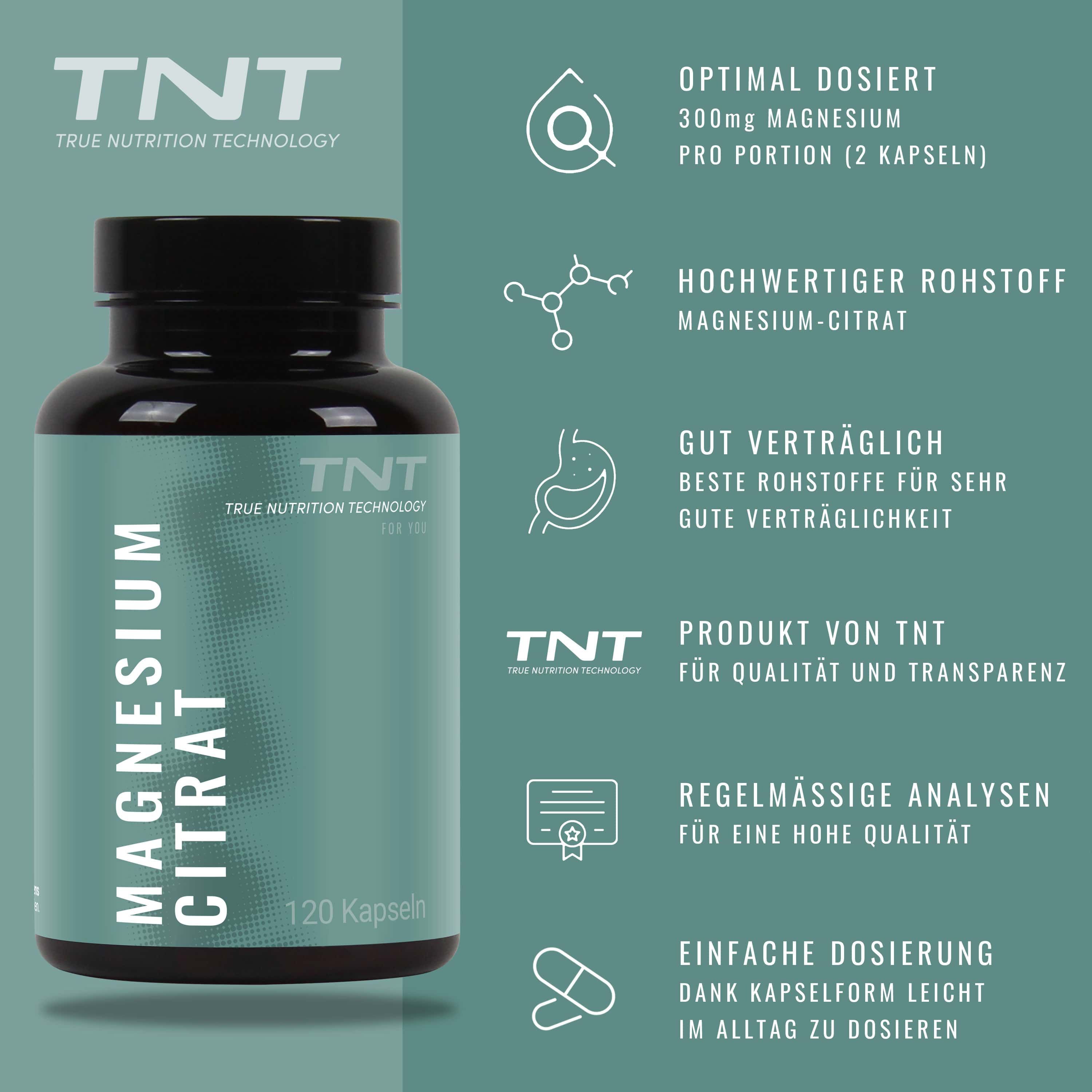 Magnesium Citrat Flasche mit Icons. Text: Optimal dosiert, hochwertige Rohstoffe, gut verträglich, Produkt von TNT, einfache Dosierung.