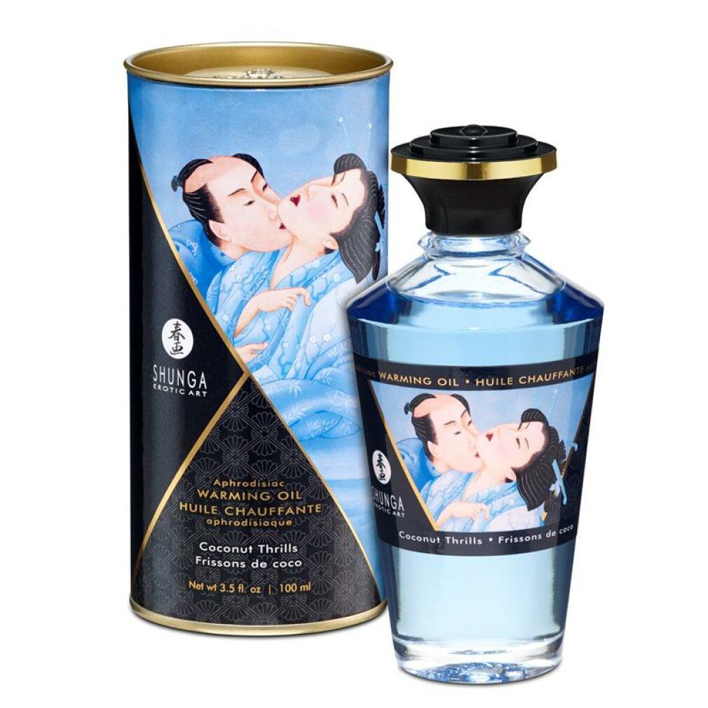 Zylindrische Dose und Flasche mit blauem Öl. Aufschrift: Shunga, Warming Oil, Coconut Thrills.