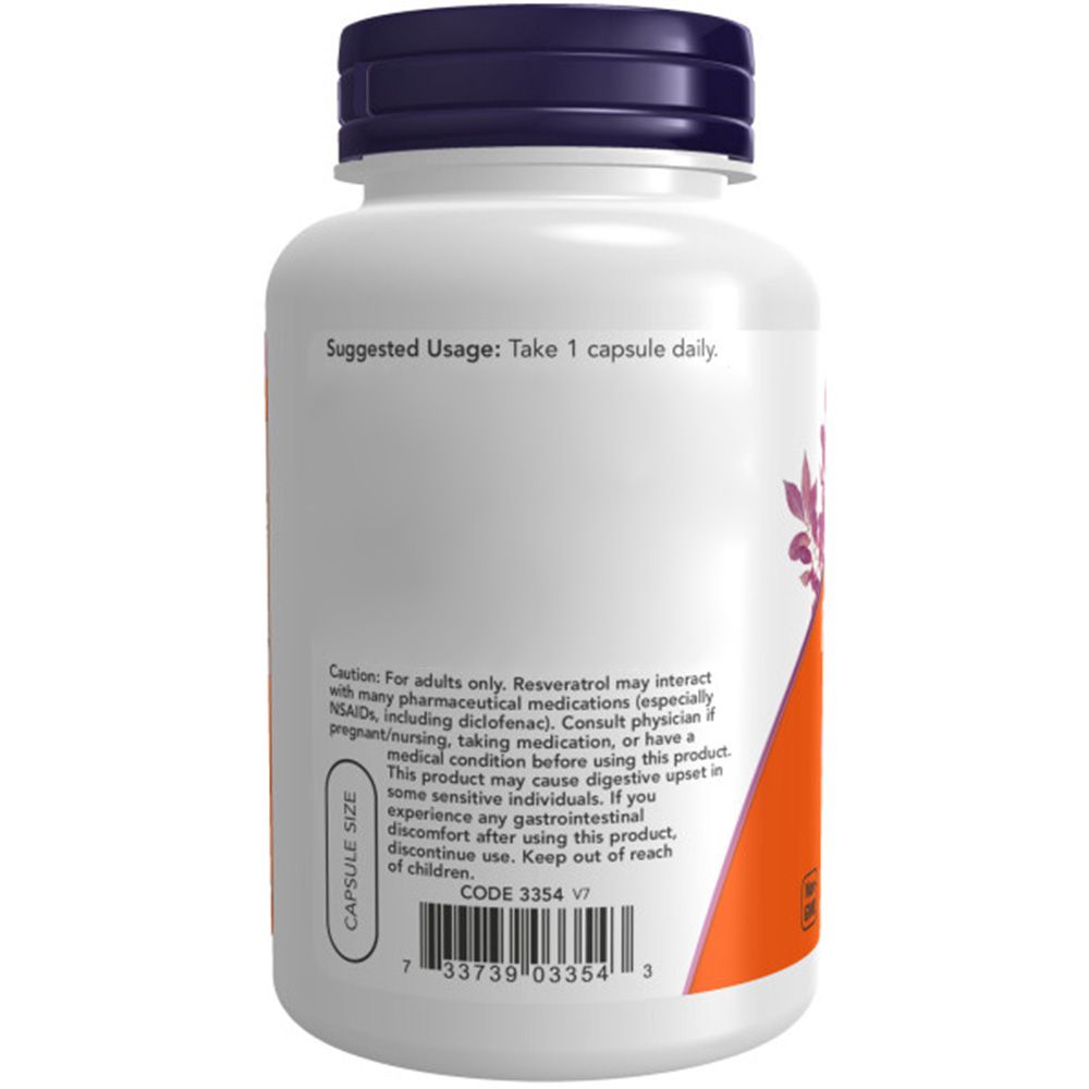 Weiße Flasche mit lila Deckel. Aufschrift: Now Foods, Natural Resveratrol, 200mg. Rückseite mit Inhaltsangaben und Warnhinweisen.