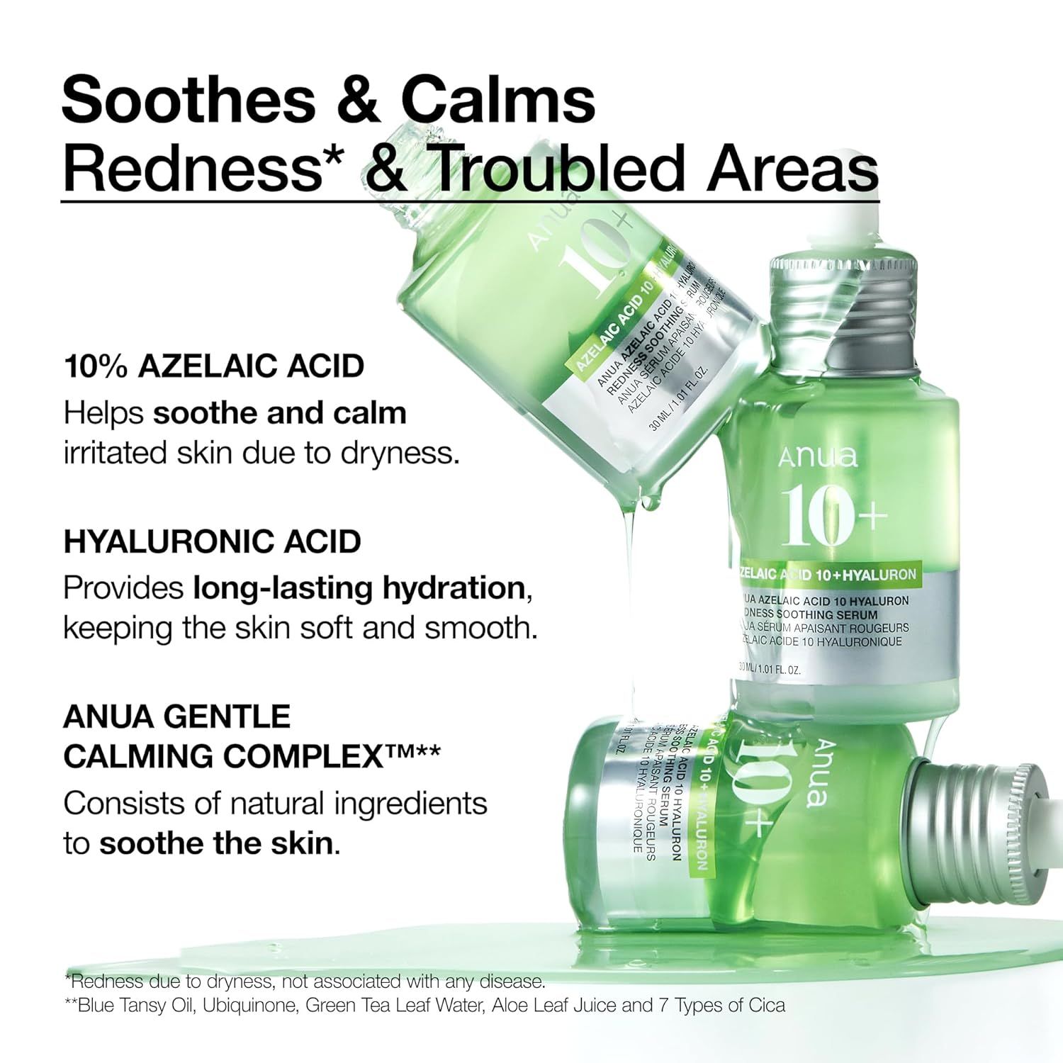 Anua Azelaic Acid 10 Hyaluron Serum: Flaschen gestapelt, mit Text über Inhaltsstoffe.