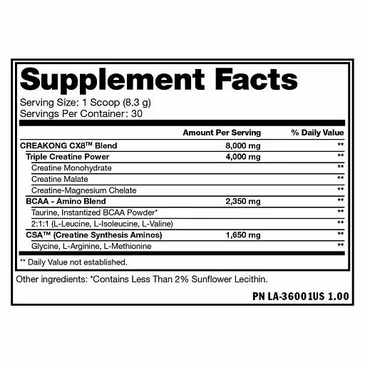Nährwerttabelle. Enthält Informationen zu CREAKONG CX8 Blend, BCAA-Aminomischung und CSA. Portionsgröße: 1 Messlöffel (8,3 g).