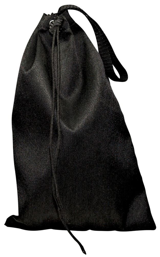 Schwarzer Aufbewahrungsbeutel mit Schlaufe und Kordelzug. Der Beutel ist geschlossen.