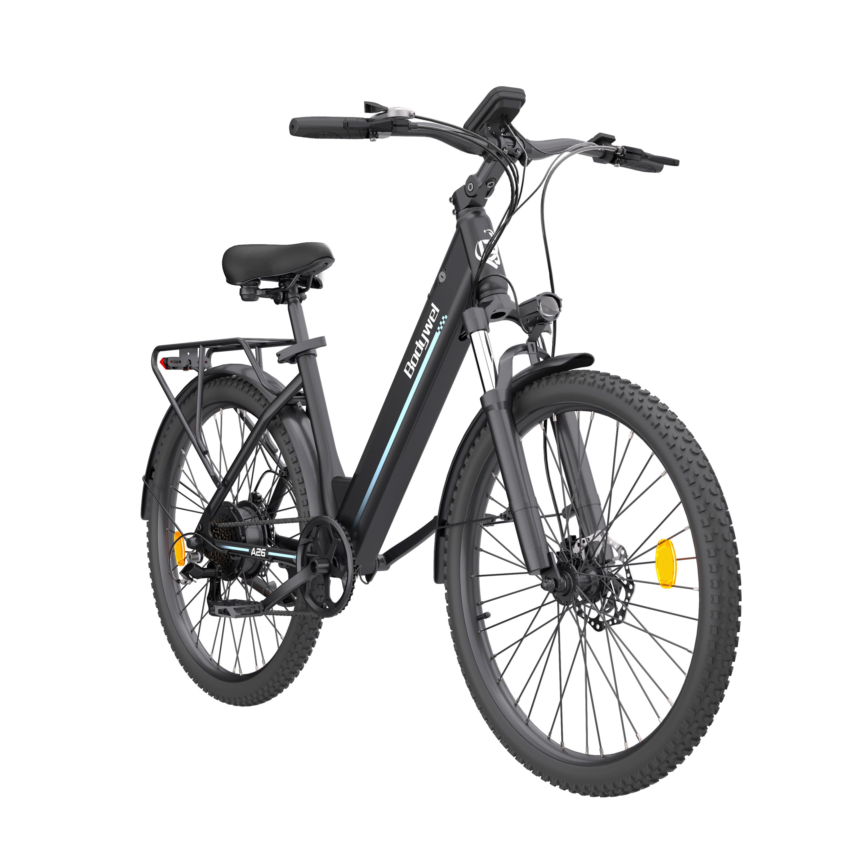 Schwarzes E-Bike, Seitenansicht. Gepäckträger, Schutzbleche, Scheinwerfer. Bodywel A26.