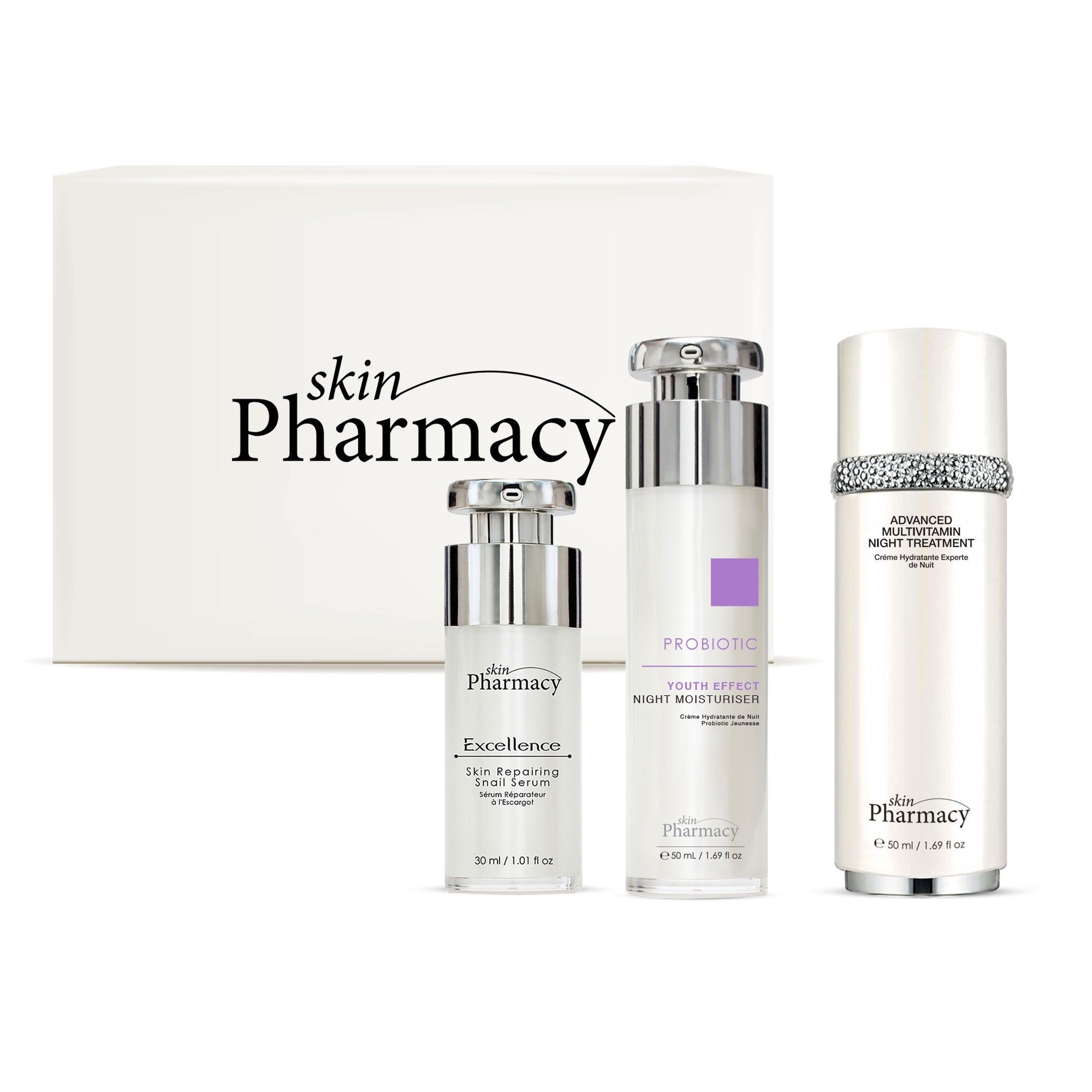 Set mit drei Hautpflegeprodukten. Enthält eine Schachtel mit dem Logo von skinPharmacy und drei Flaschen.