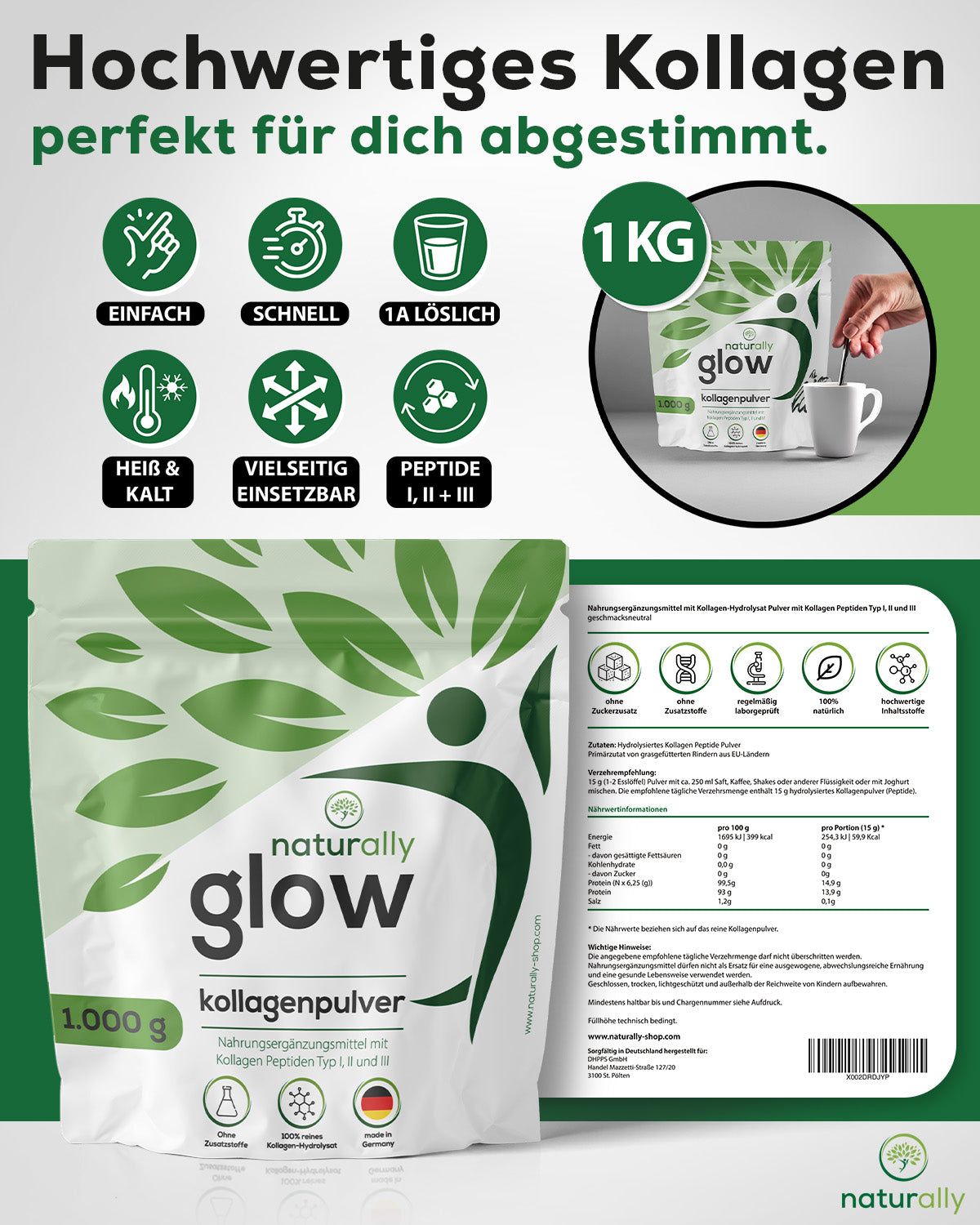 Beutel mit Kollagenpulver, 1 KG. Text: naturally glow, Kollagenpulver. Zusatzinformationen: einfach, schnell, 1A löslich, heiß & kalt, Peptide I, II + III.
