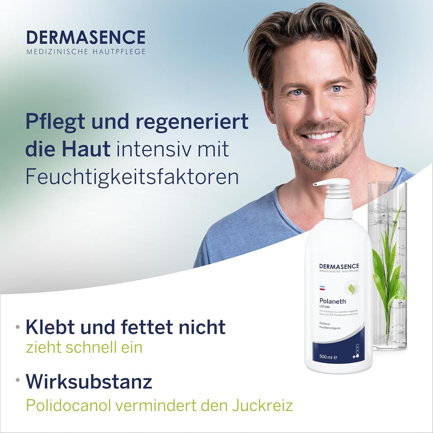 Mann mit Flasche DERMASENCE Polaneth. Text: Pflegt und regeneriert die Haut intensiv mit Feuchtigkeitsfaktoren. Klebt und fettet nicht, zieht schnell ein.