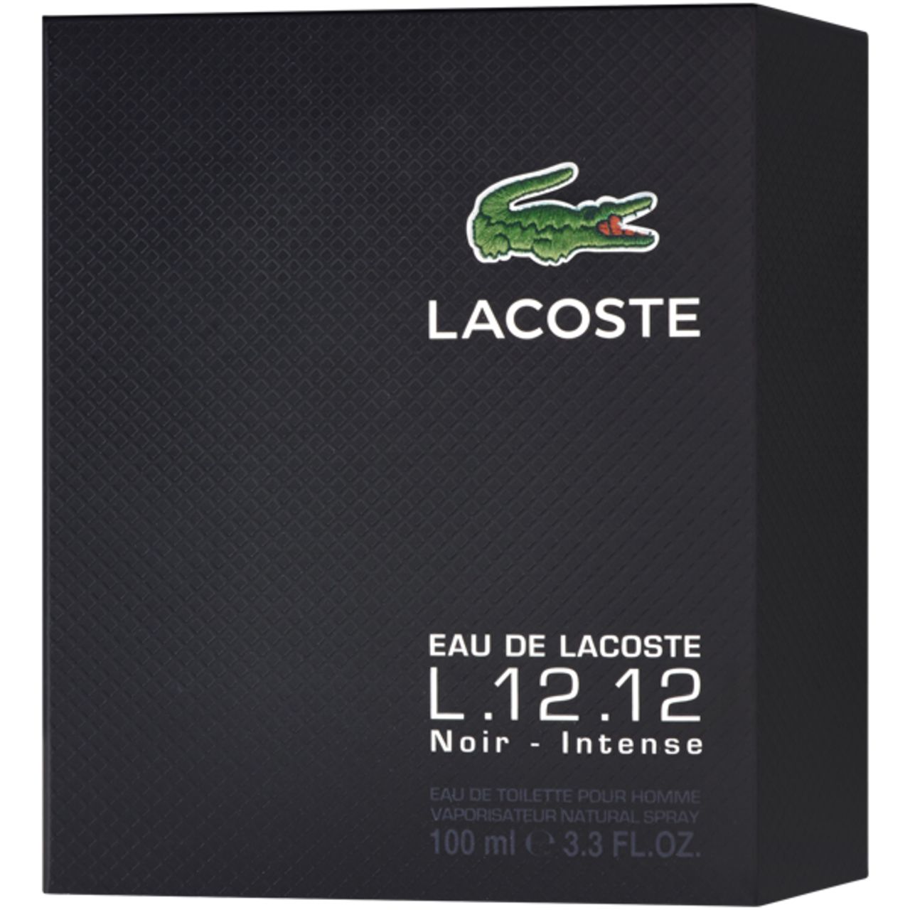 Schwarzer Flakon und Verpackung. Lacoste-Logo. Eau de Lacoste L.12.12 Noir. Flakon mit Krokodil-Logo.