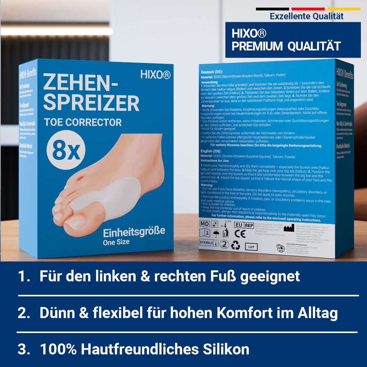 HIXO Zehenspreizer Hallux Valgus - Ballenschutz & Zehentrenner aus weichem Silikon ohne BPA