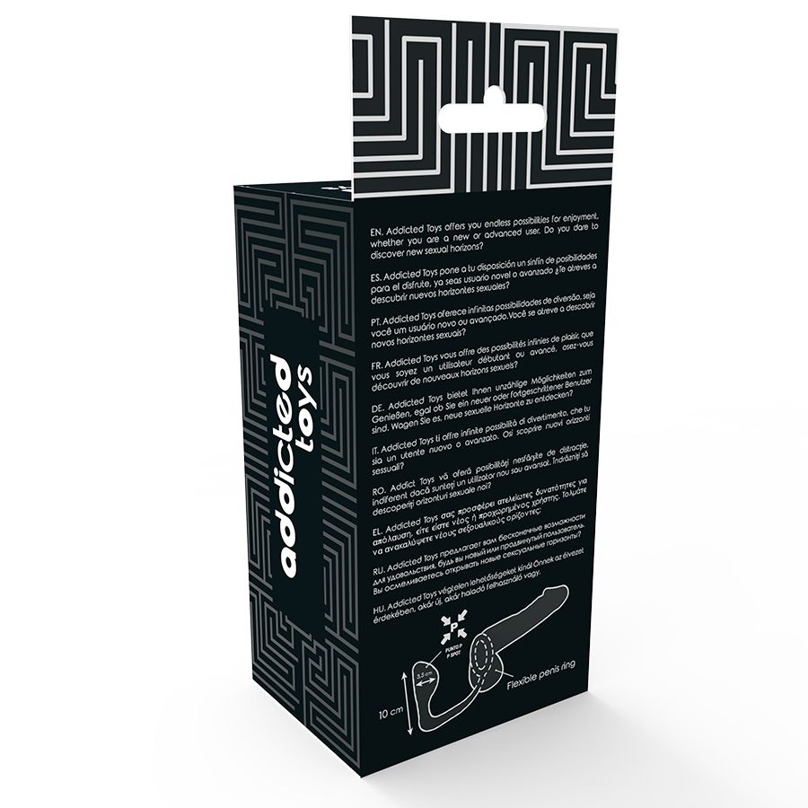 Verpackung für einen schwarzen, flexiblen Analplug mit Penisring.