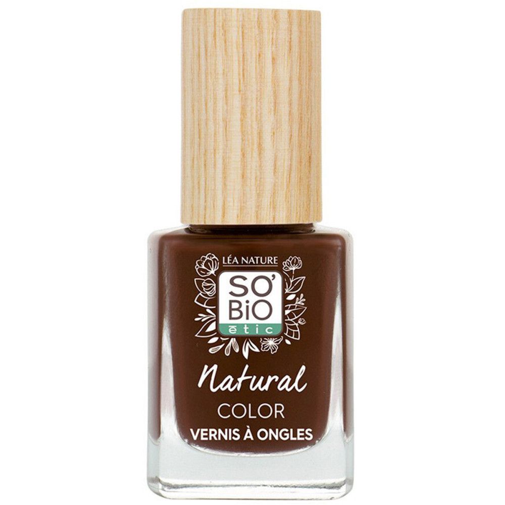 Nagellackflasche mit brauner Farbe und Holzdeckel. Aufschrift: SO'BiO étic Natural Color Vernis à Ongles.