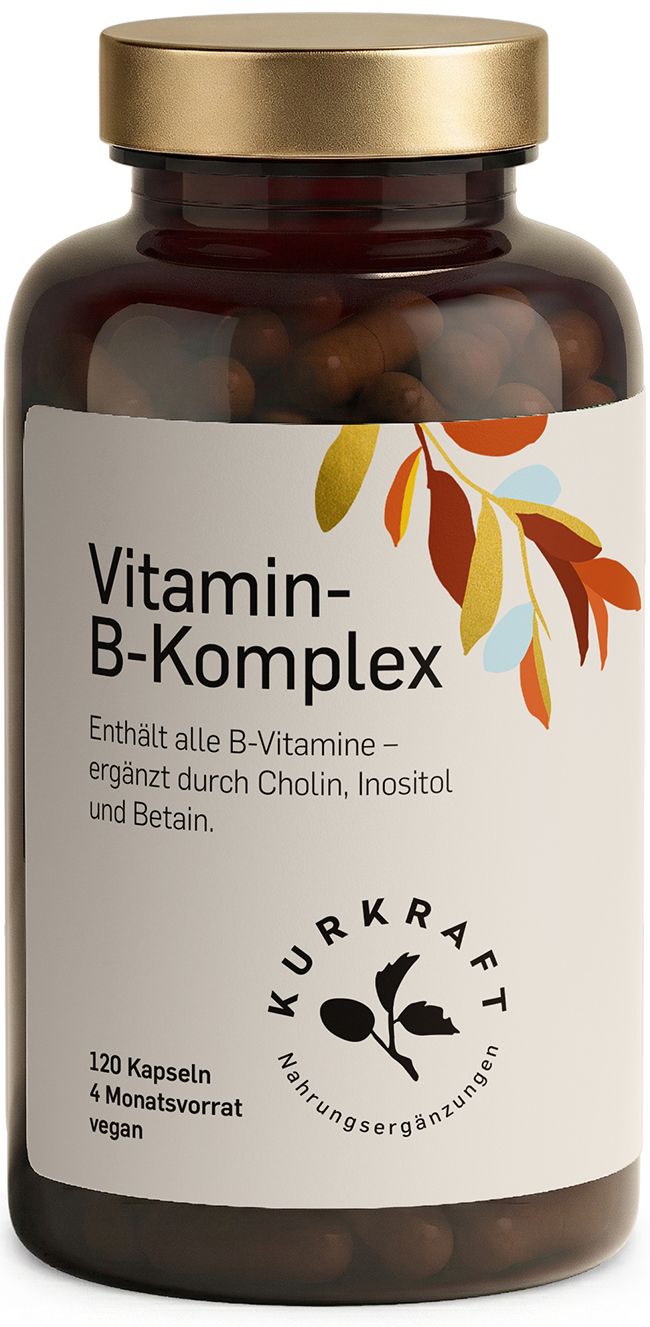 Braune Glasflasche mit goldfarbenem Deckel. Etikett mit Text: Vitamin B-Komplex. 120 Kapseln, 4 Monatsvorrat, vegan. Logo Kurkraft.
