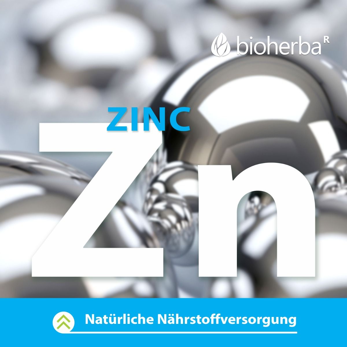Nahaufnahme von silbernen Kugeln. Text: ZINC, Zn. Aufschrift: Natürliche Nährstoffversorgung.