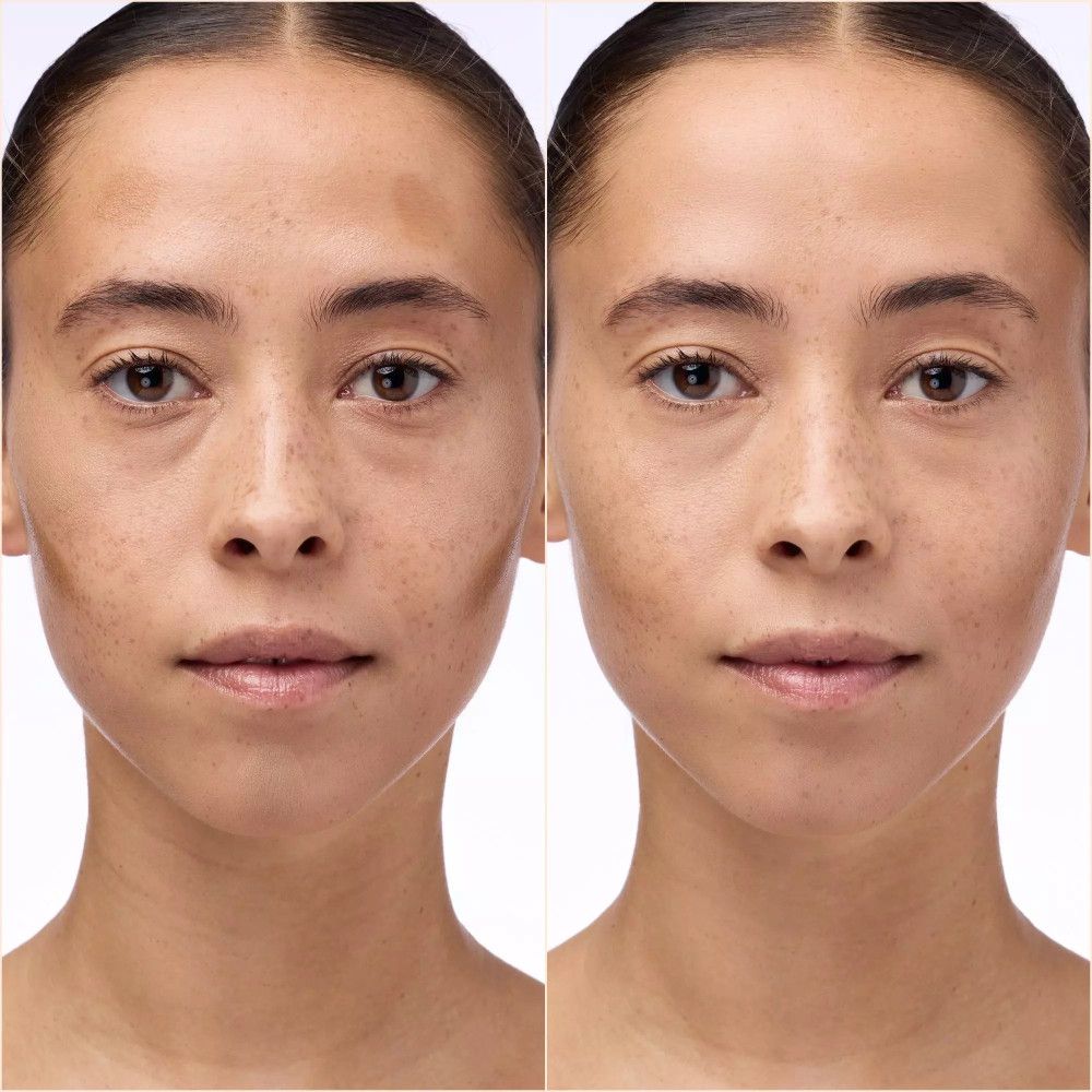 Zwei Gesichter, eines mit Make-up, eines ohne. Vergleich der Hauttöne.