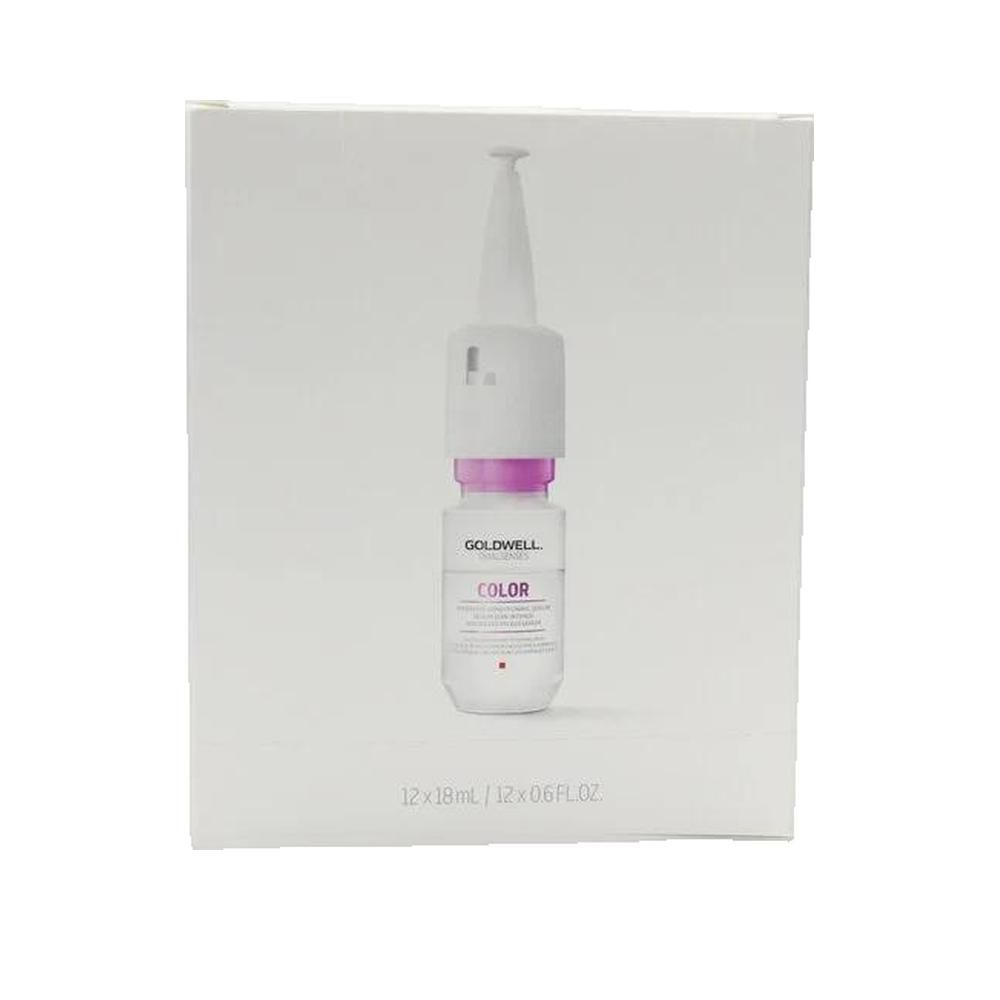 Goldwell Dualsenses Color Intensives Pflegeserum, 18 ml. Einzelampulle vor Karton. Karton mit Produktinformationen und Logo.