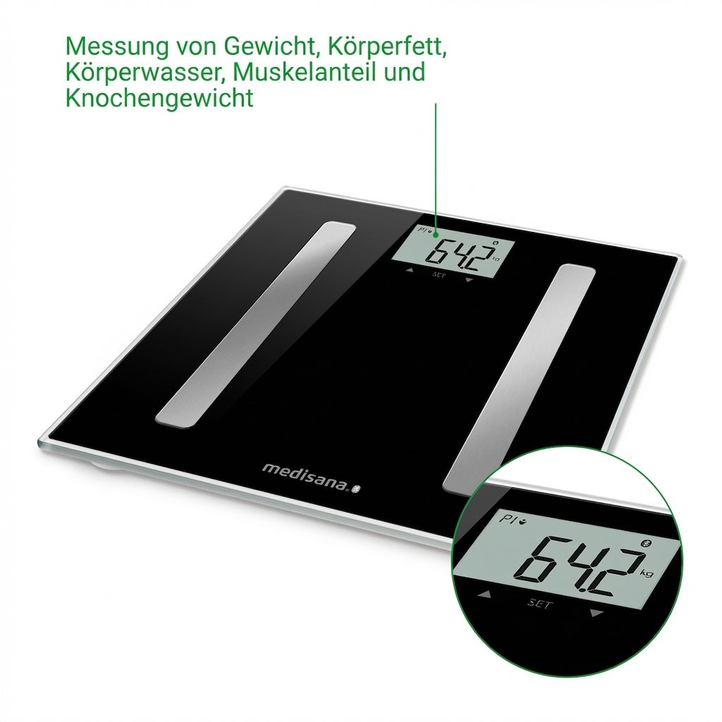 Schwarze Körperanalysewaage mit silbernen Elektroden. Nahaufnahme des LCD-Displays zeigt '64.2'.