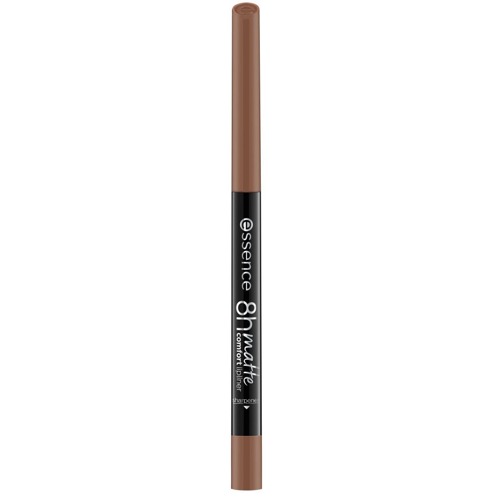 Brauner Lippenstiftstift mit schwarzem Gehäuse. Aufschrift: essence 8h matte comfort liner.