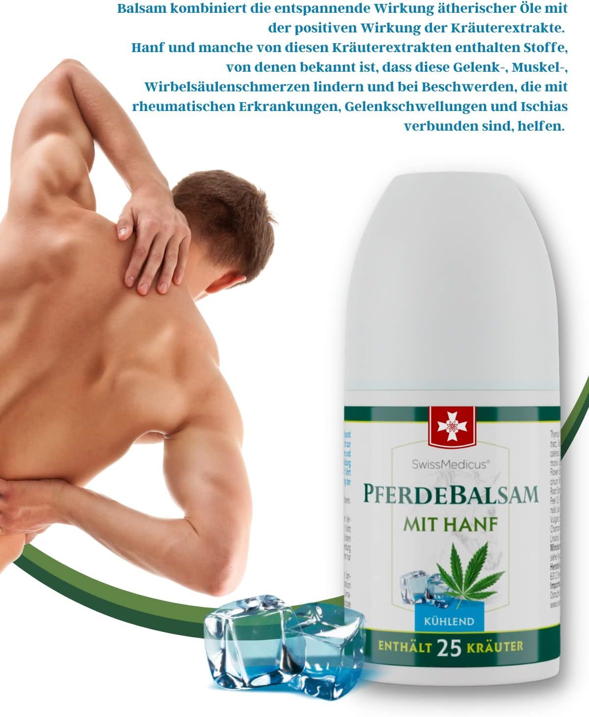 Roll-on-Flasche mit Text: Pferdebalsam mit Hanf, kühlend, enthält 25 Kräuter. Logo: Schweizer Kreuz. Mann hält sich den Rücken.