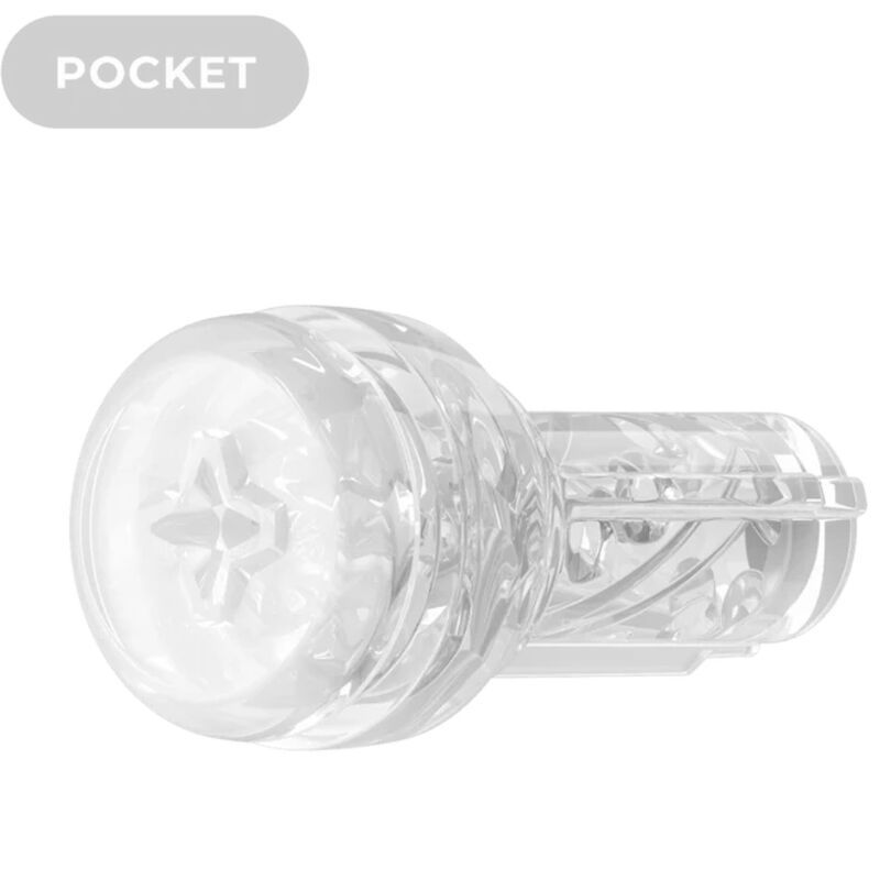 Transparenter Masturbator mit spiralförmigen Texturen, horizontal dargestellt.