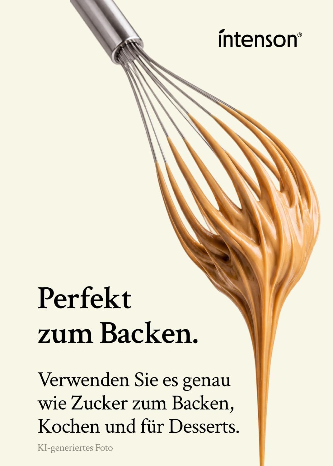 Schneebesen mit cremiger Masse. "Intenson" Logo oben rechts. "Perfekt zum Backen."