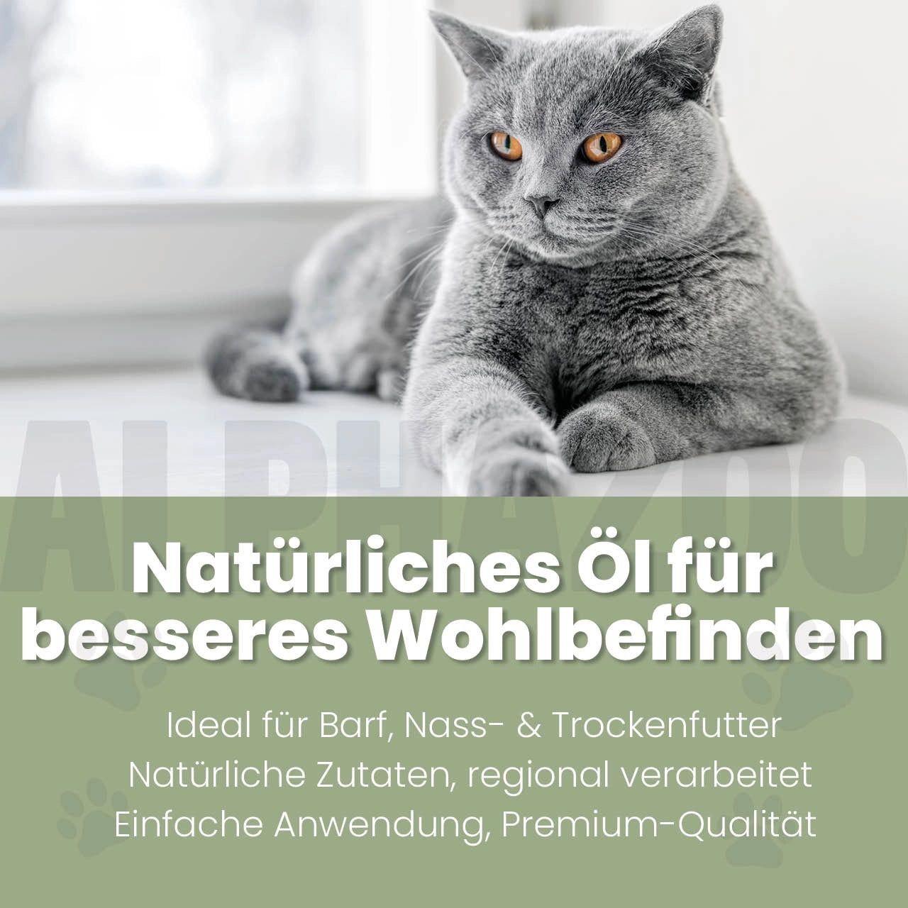 Graue Katze liegt auf Fensterbank. Text: Natürliches Öl für besseres Wohlbefinden. Ideal für Barf, Nass- & Trockenfutter.