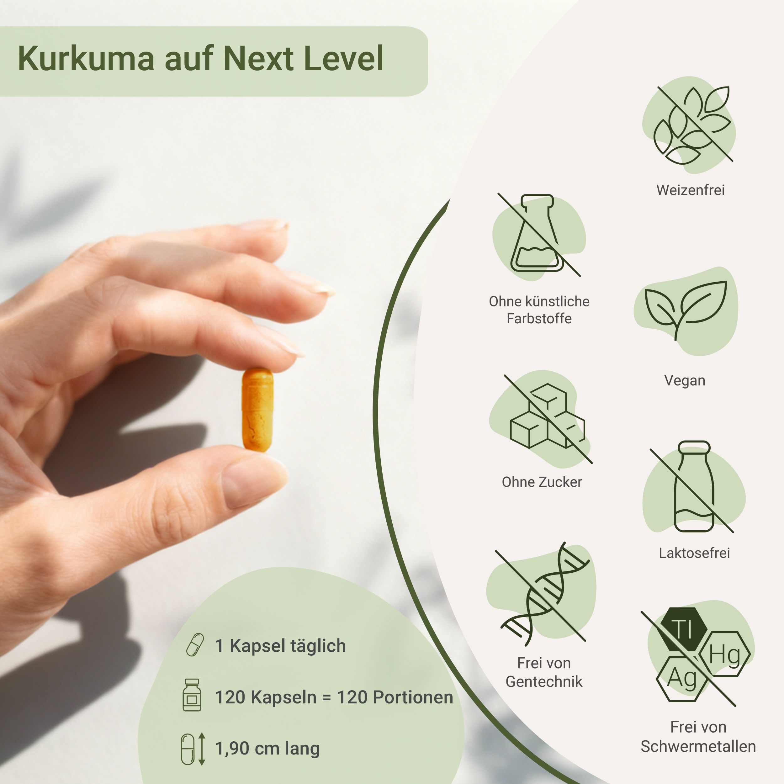 Hand hält eine Kapsel 'for you high curcuma'. Informationen zu Inhaltsstoffen und Länge.