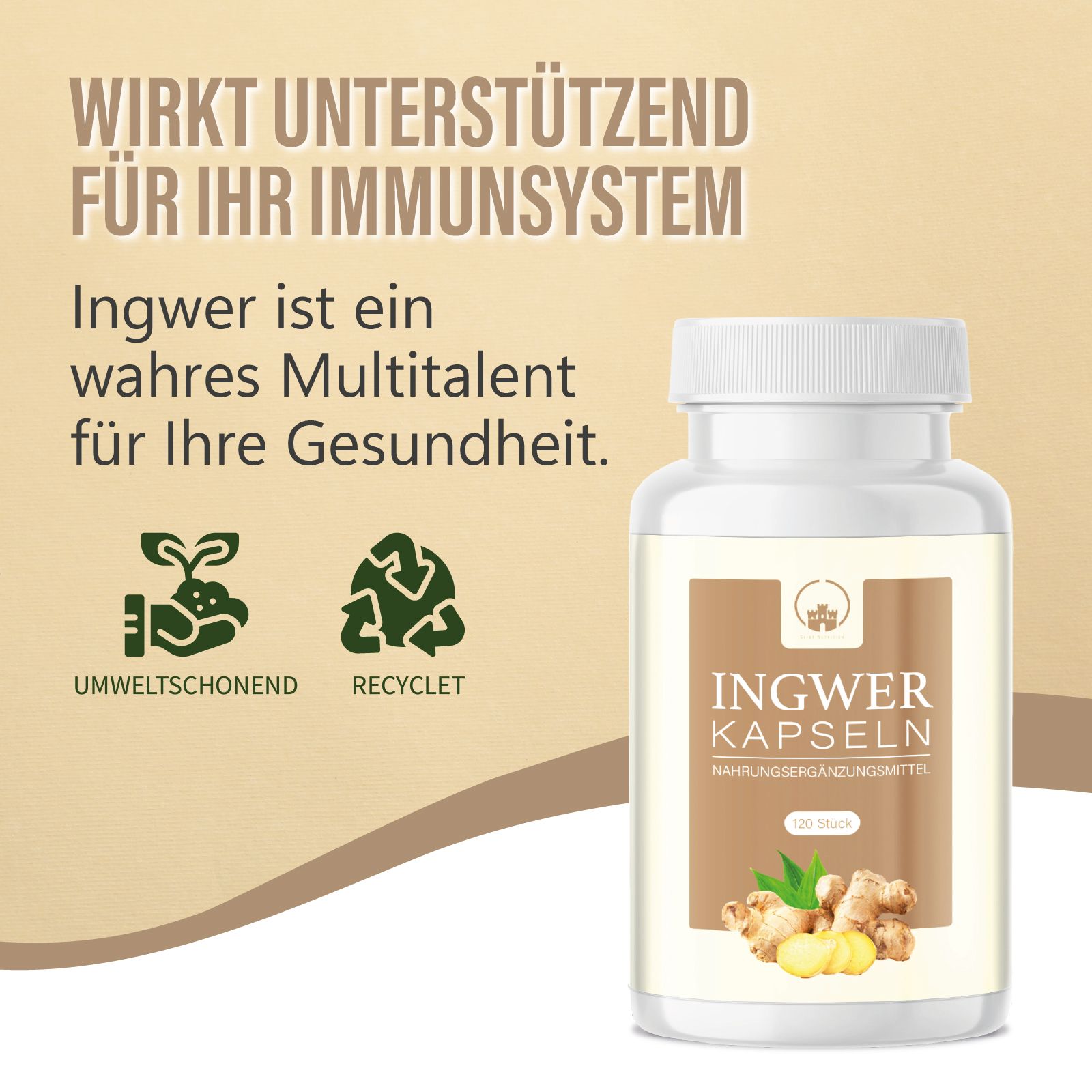 Werbebild. Weiße Flasche mit braunem Etikett. Text: INGWER KAPSELN. Umweltzeichen. Text: Wirkt unterstützend für Ihr Immunsystem.