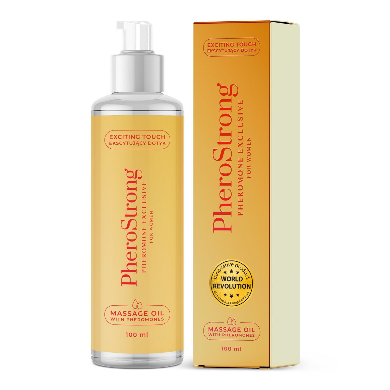 PheroStrong Massageöl Flasche mit Pumpspender und Verpackungsbox. Süß-blumiges Öl mit Pheromonen.