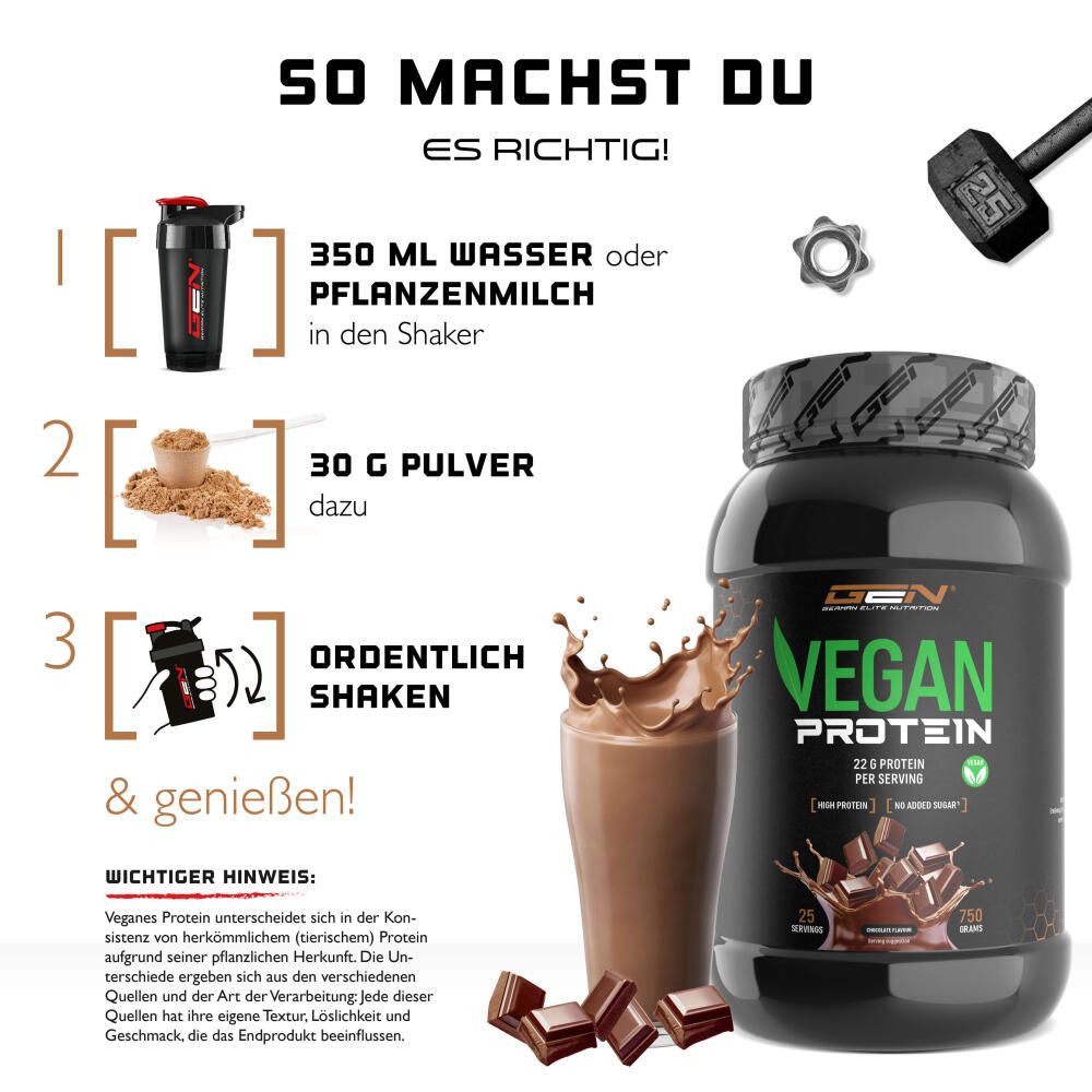 Anleitung: 350 ml Wasser/Pflanzenmilch in Shaker, 30g Pulver dazu, ordentlich shaken. GEN Vegan Protein Dose.
