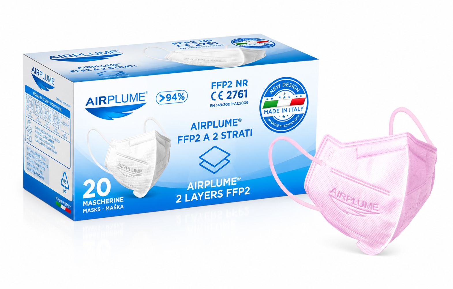 Packung mit 20 Airplume FFP2 Masken, 2 Lagen. Eine rosa Maske liegt daneben.