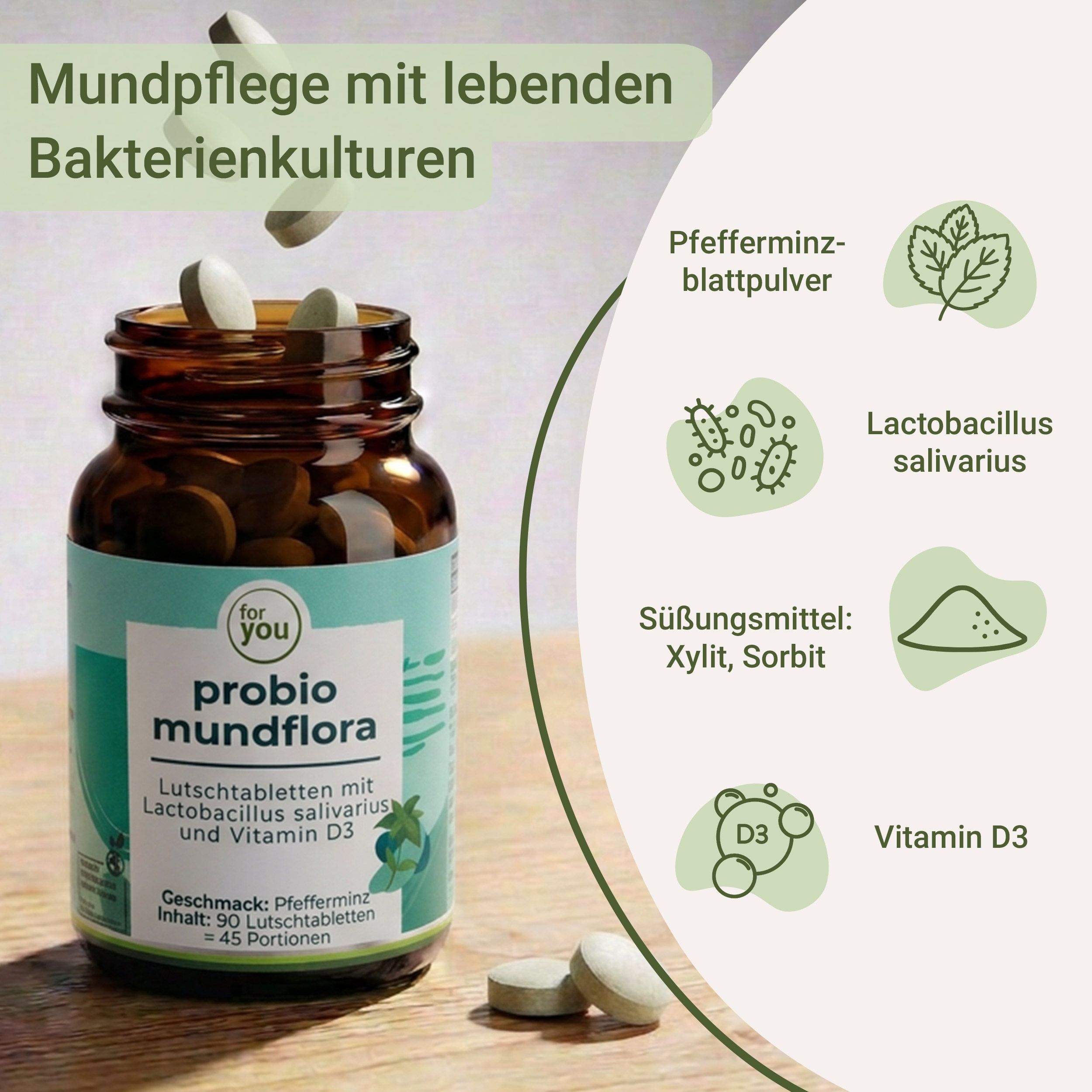 Flasche Probio Mundflora, aus der Lutschtabletten fallen, daneben Icons mit Inhaltsstoffen.