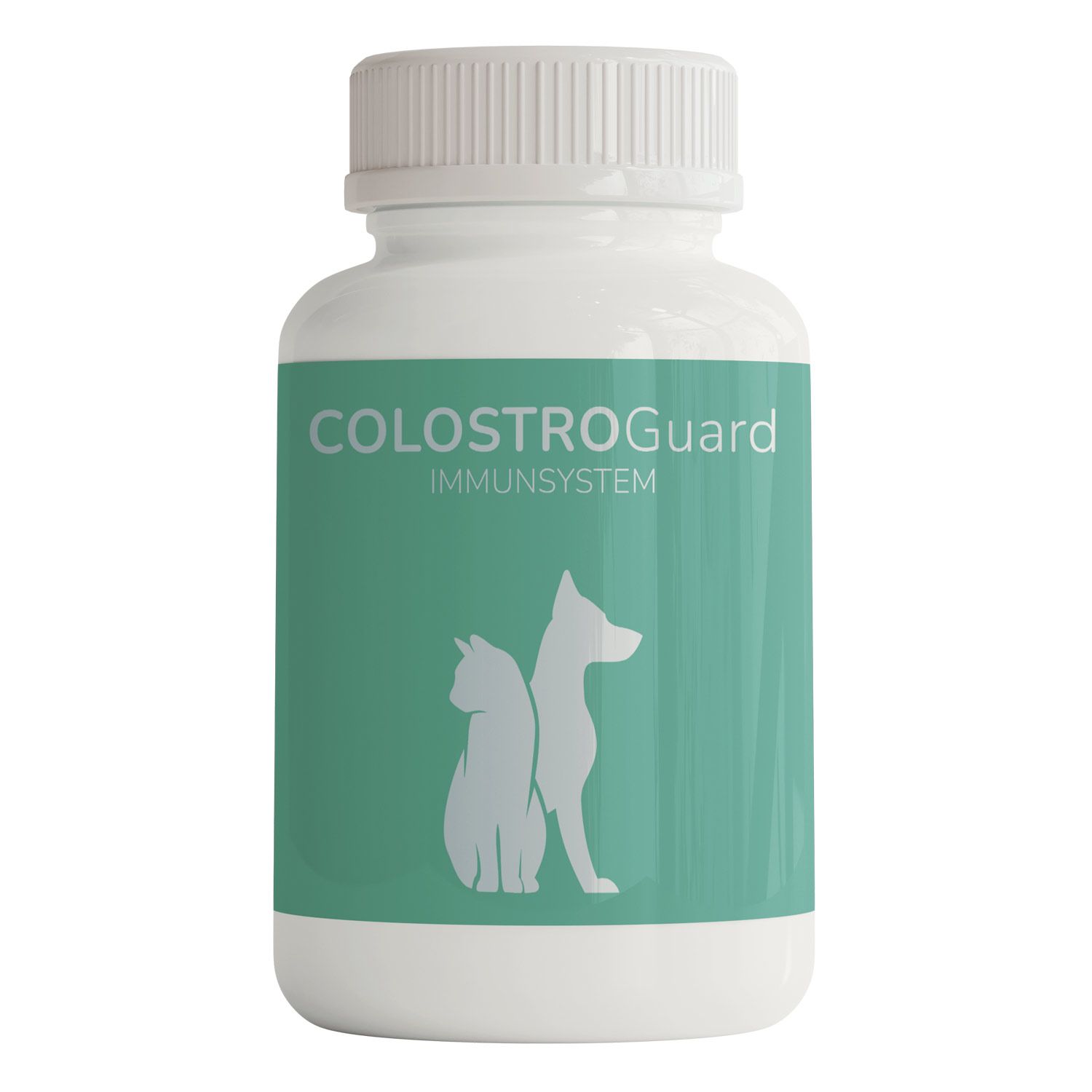 Weiße Flasche mit grünem Etikett, das ein stilisiertes Bild einer Katze und eines Hundes zeigt. Beschriftung: COLOSTROGuard IMMUNSYSTEM.