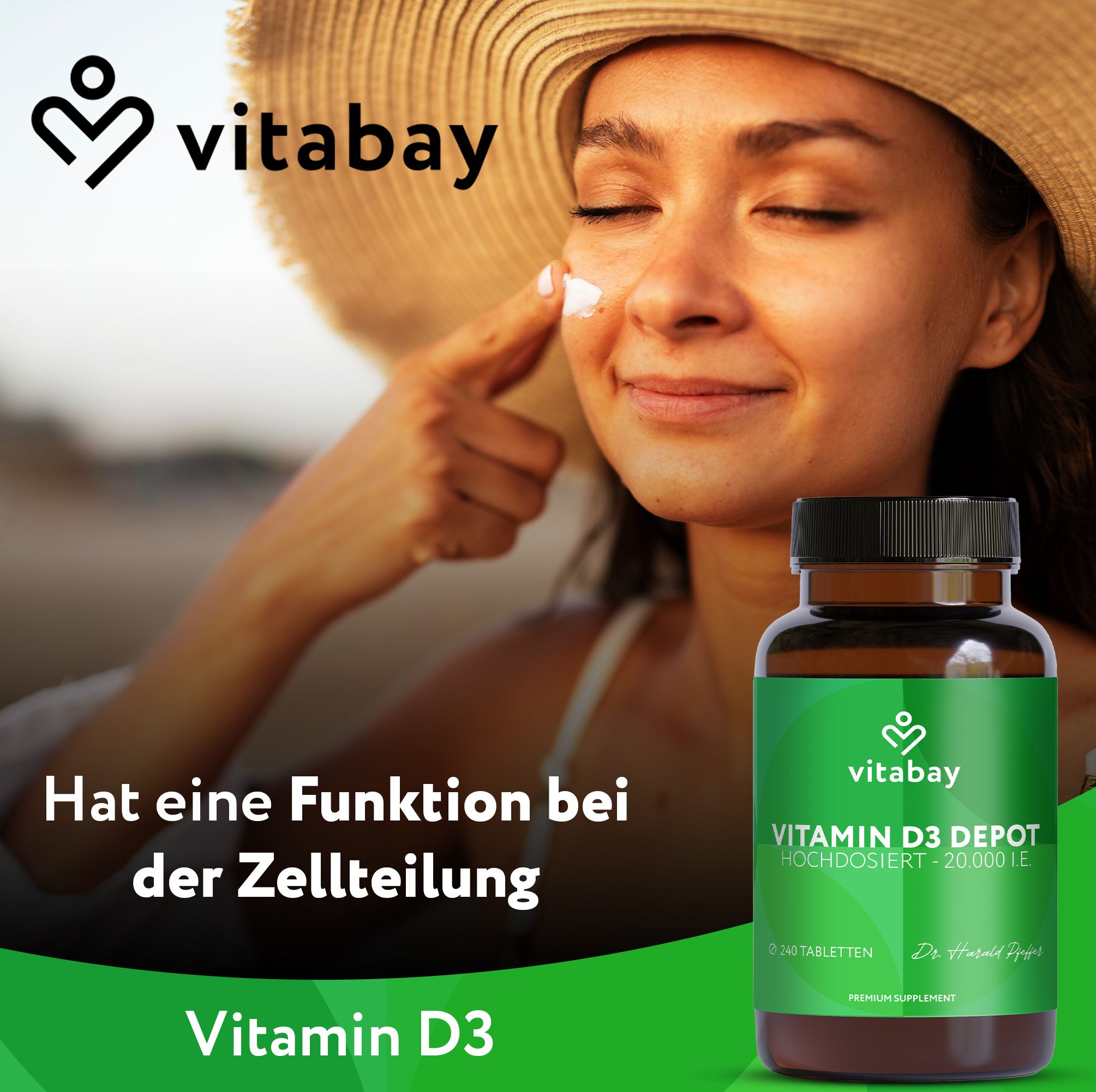 Frau mit Sonnenhut trägt Sonnencreme auf, Vitabay Vitamin D3 unterstützt Zellteilung.
