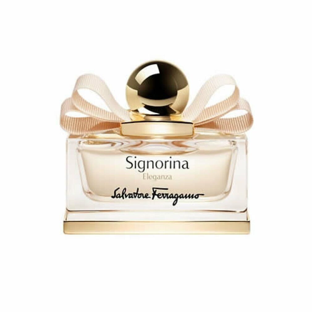 Parfümflakon mit goldfarbenem Verschluss und Schleife. Aufschrift Signorina Eleganza und Salvatore Ferragamo.