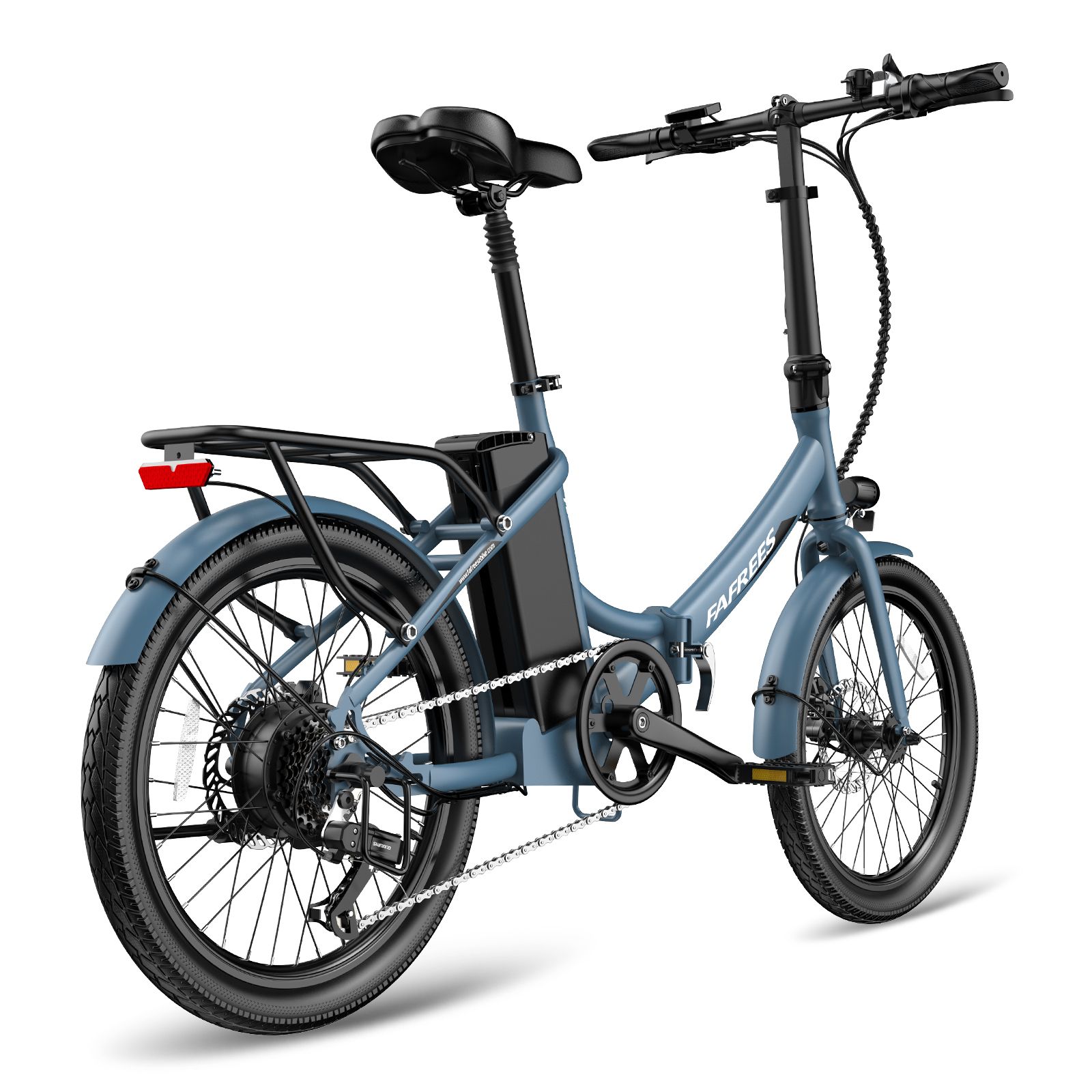 Blaues Falt-E-Bike mit schwarzem Sattel, Gepäckträger und Rücklicht. Marke FAFREES sichtbar.