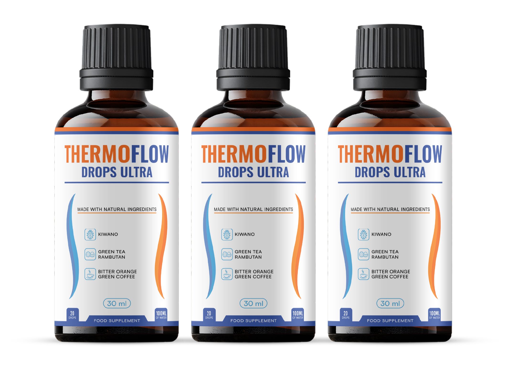 Drei Flaschen ThermoFlow Drops Ultra, 30 ml, mit natürlichen Inhaltsstoffen wie grünem Tee und Bitterorange.