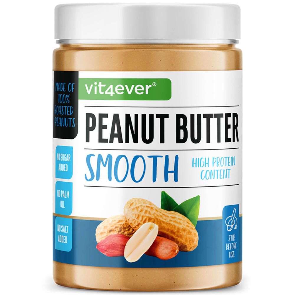 Glas mit Erdnussbutter, Etikett mit Produktinformationen. Text: vit4ever, Peanut Butter Smooth, High Protein Content. Abbildung von Erdnüssen.