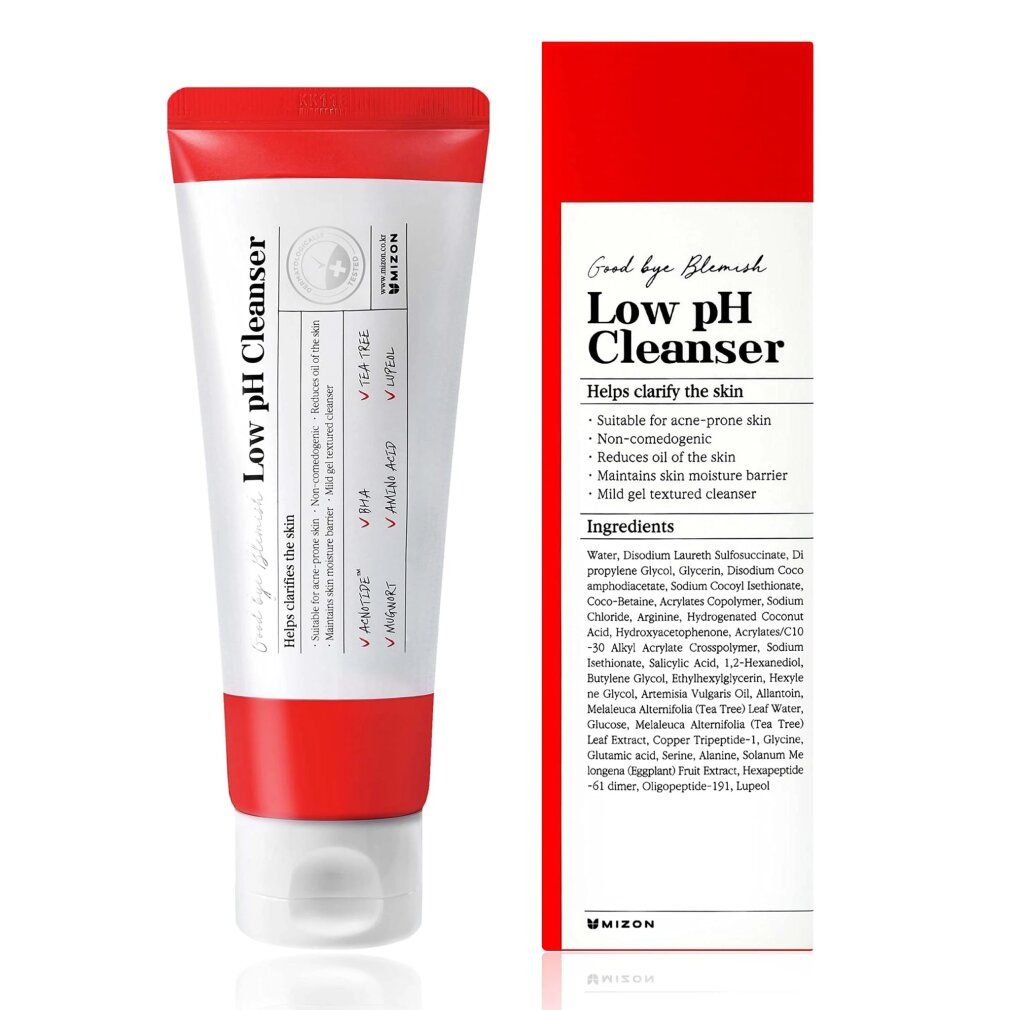 Tube "Low pH Cleanser" und Verpackung. Enthält BHA und Teebaum. Marke MIZON.