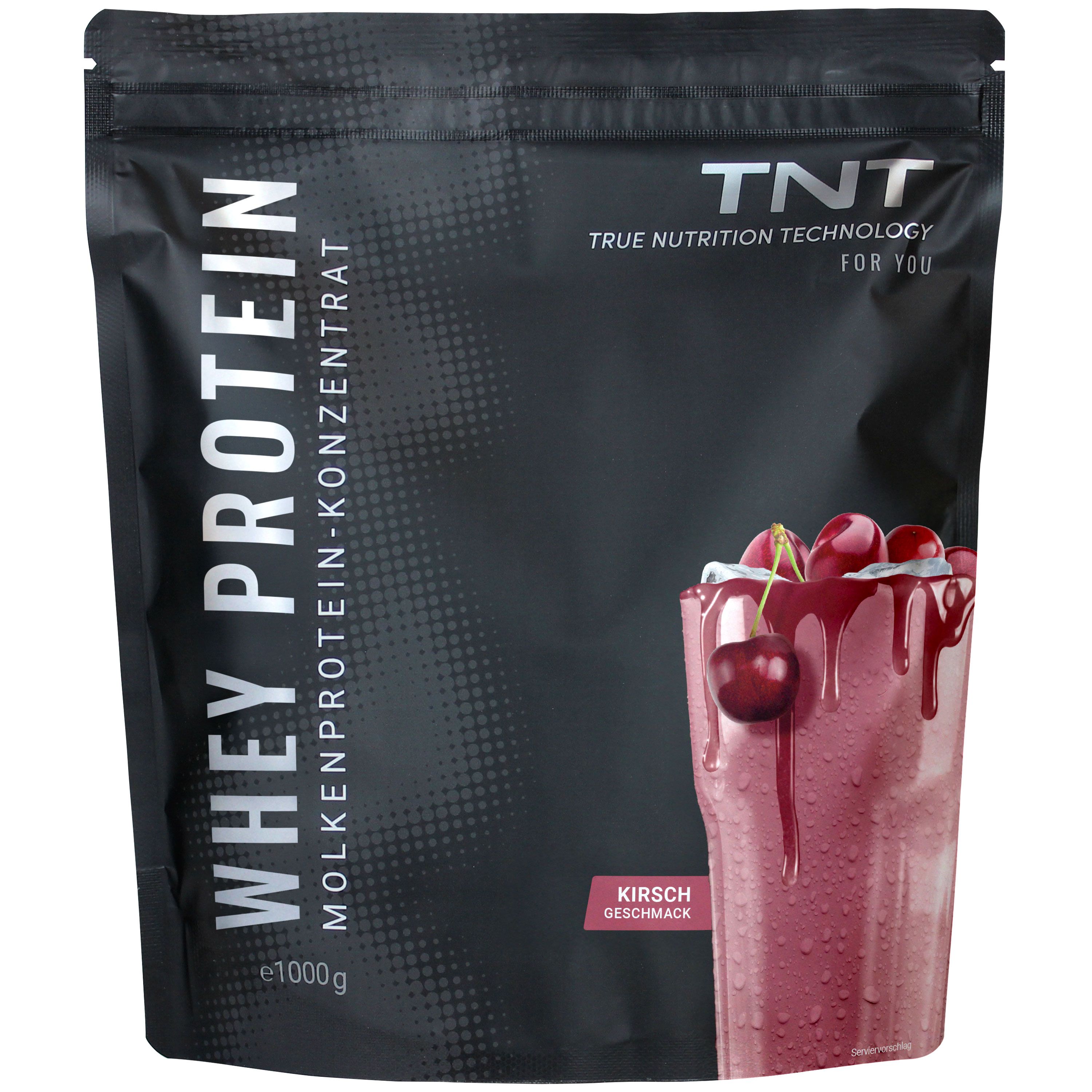 Schwarzer Beutel mit TNT Whey Protein Konzentrat, Kirschgeschmack, 1000g.